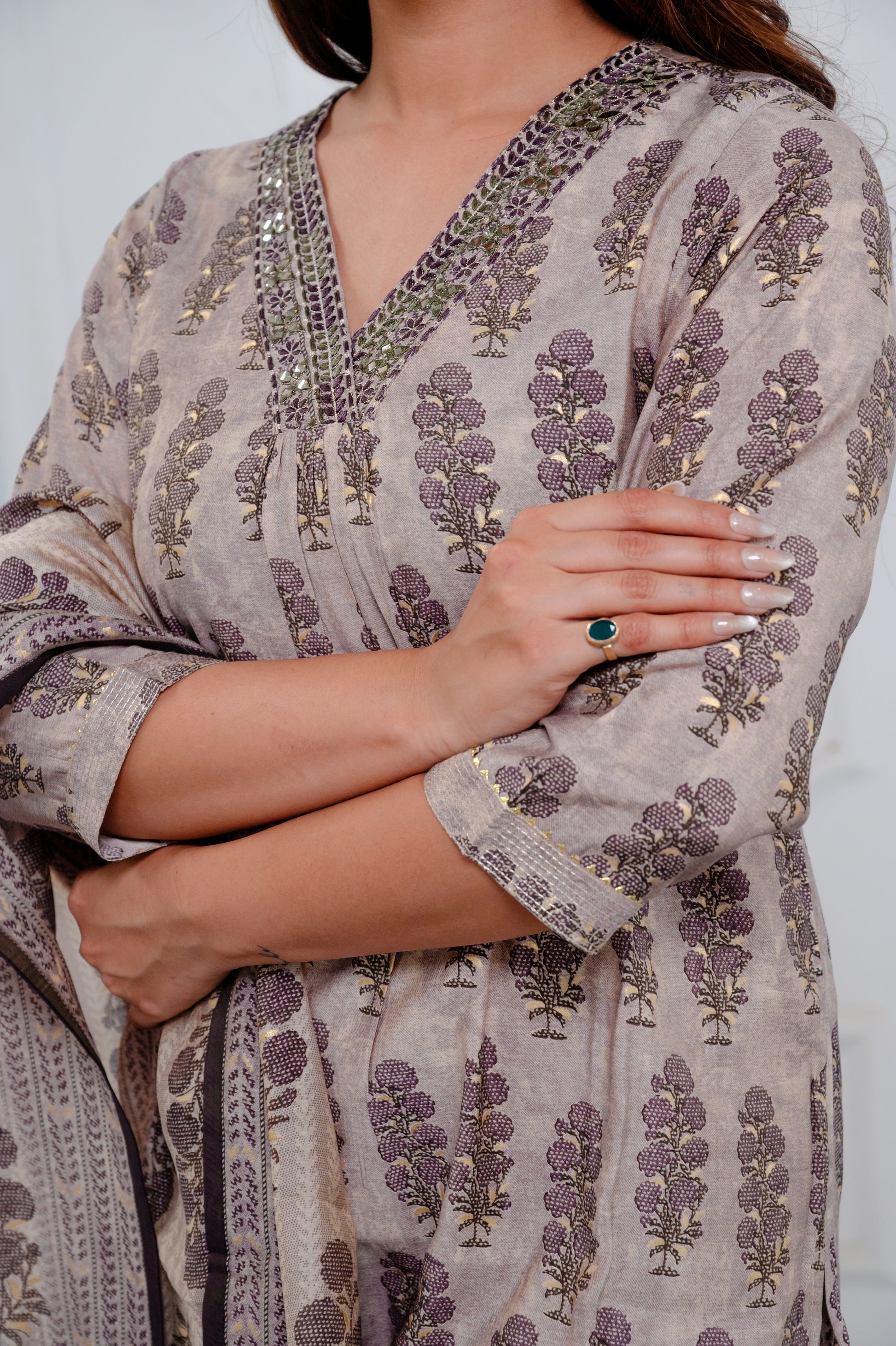 Taupe Light Brown Muslin Suit Set with Ethnic Hand block Print
