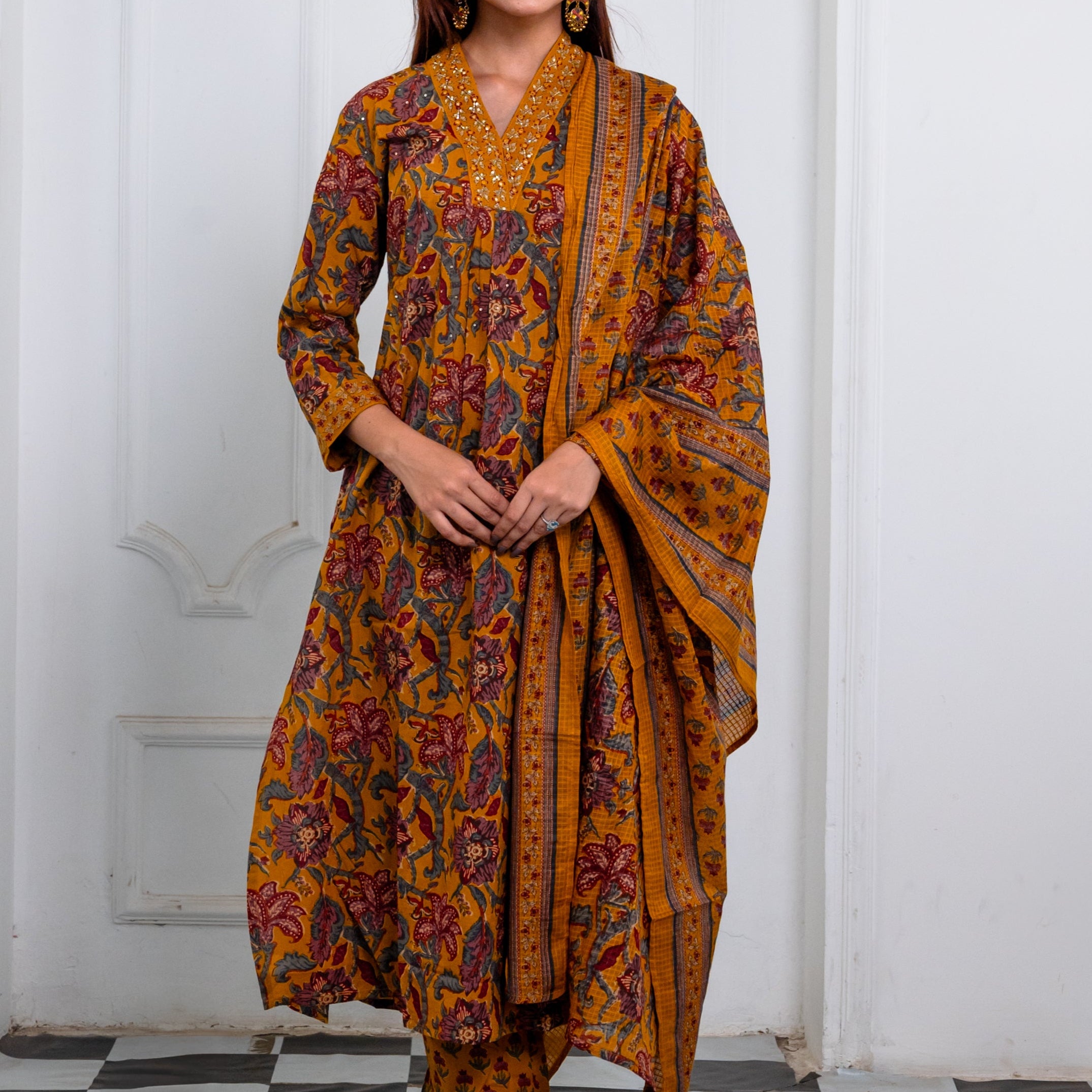 Burnt Mustard Cotton Suit Set with Embellished Neckline and Burgundy-Grey Print