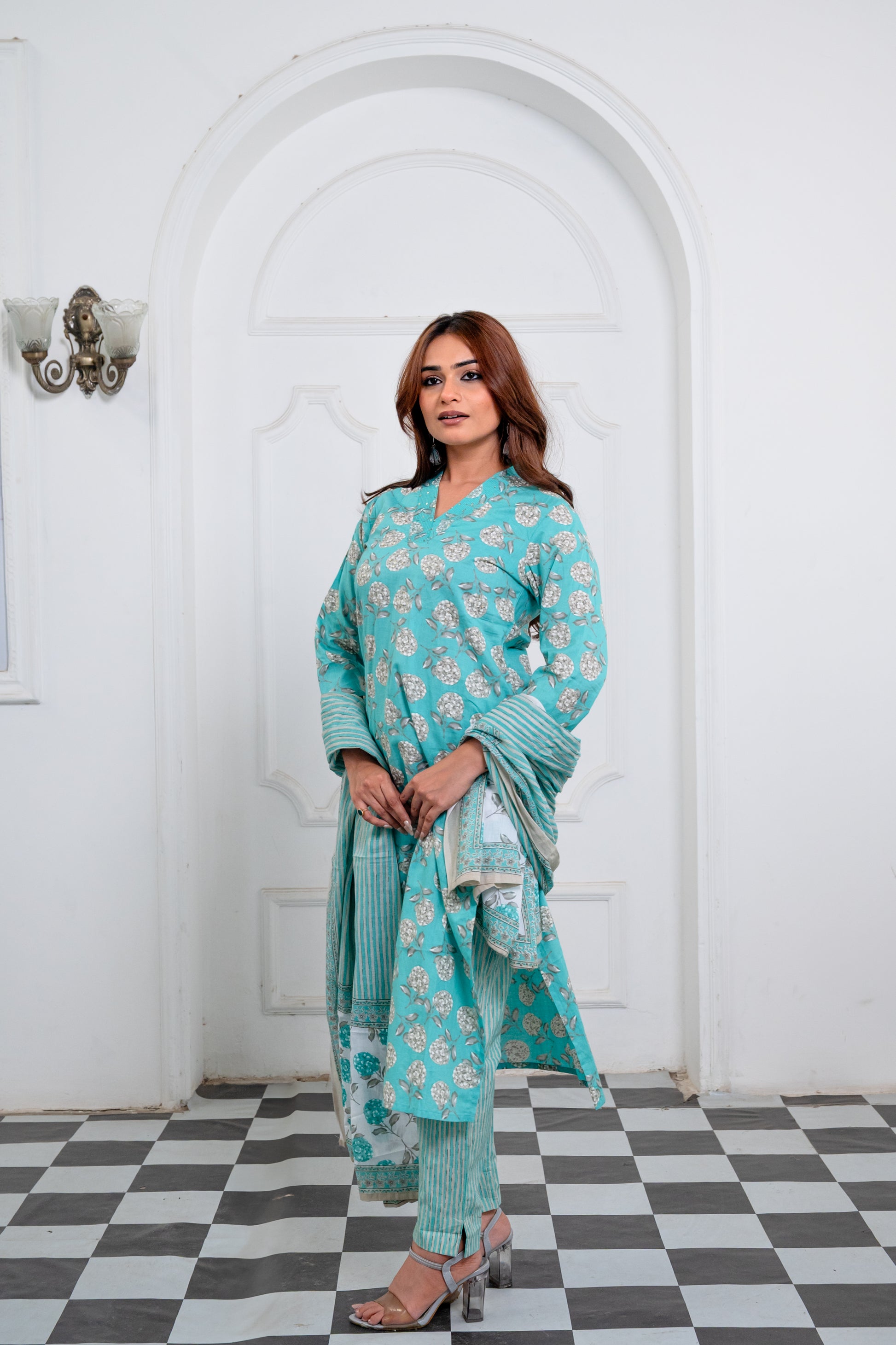 Aqua Blue Cotton Suit Set