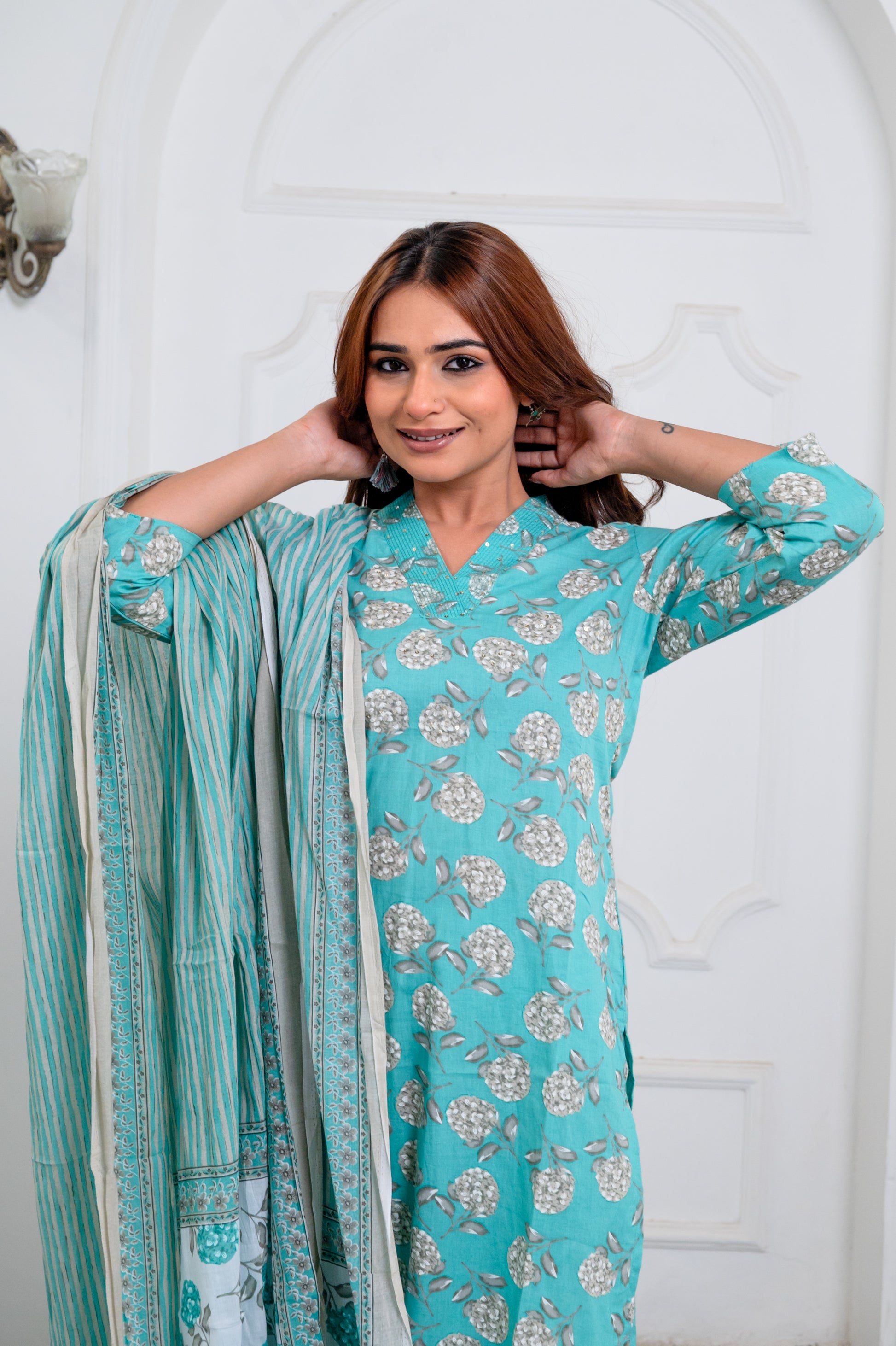 Aqua Blue Cotton Suit Set