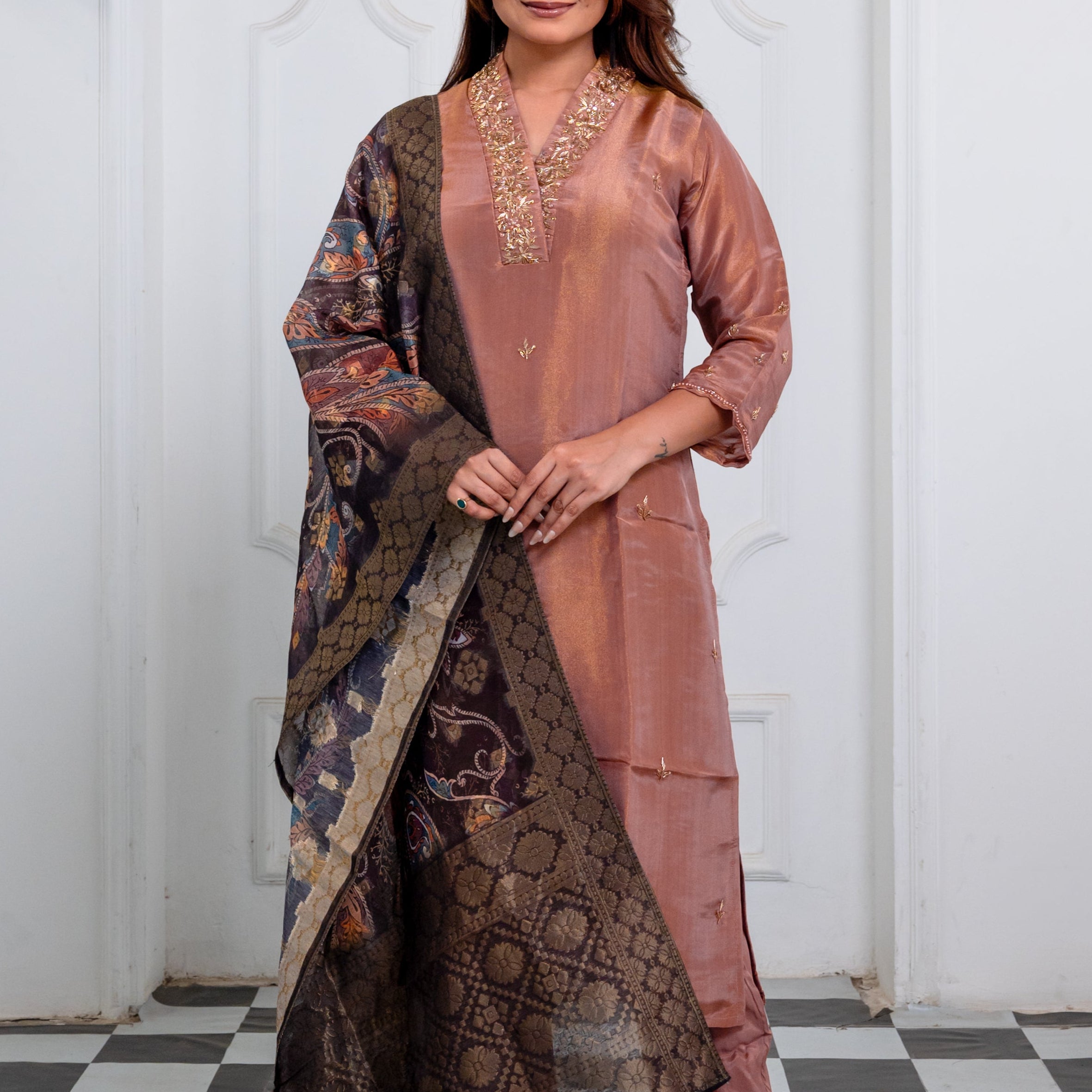 Vintage Bronze Rose Mauve Brown Suit Set with Golden Detailing Banarasi Dupatta