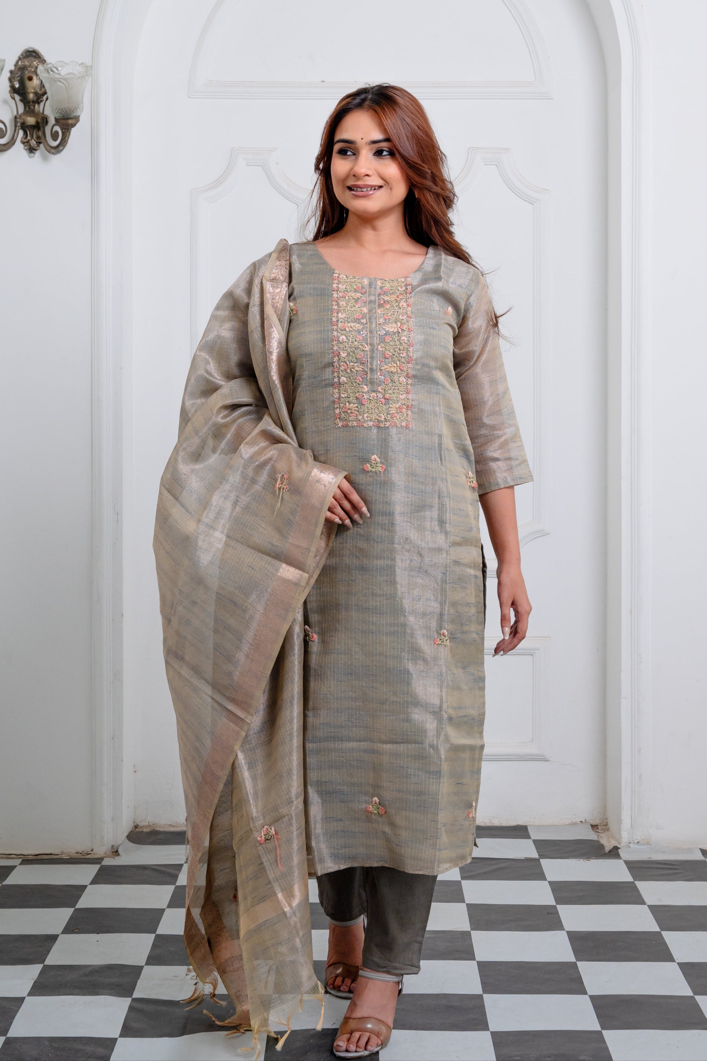 Olive Green Embroidered Suit Set