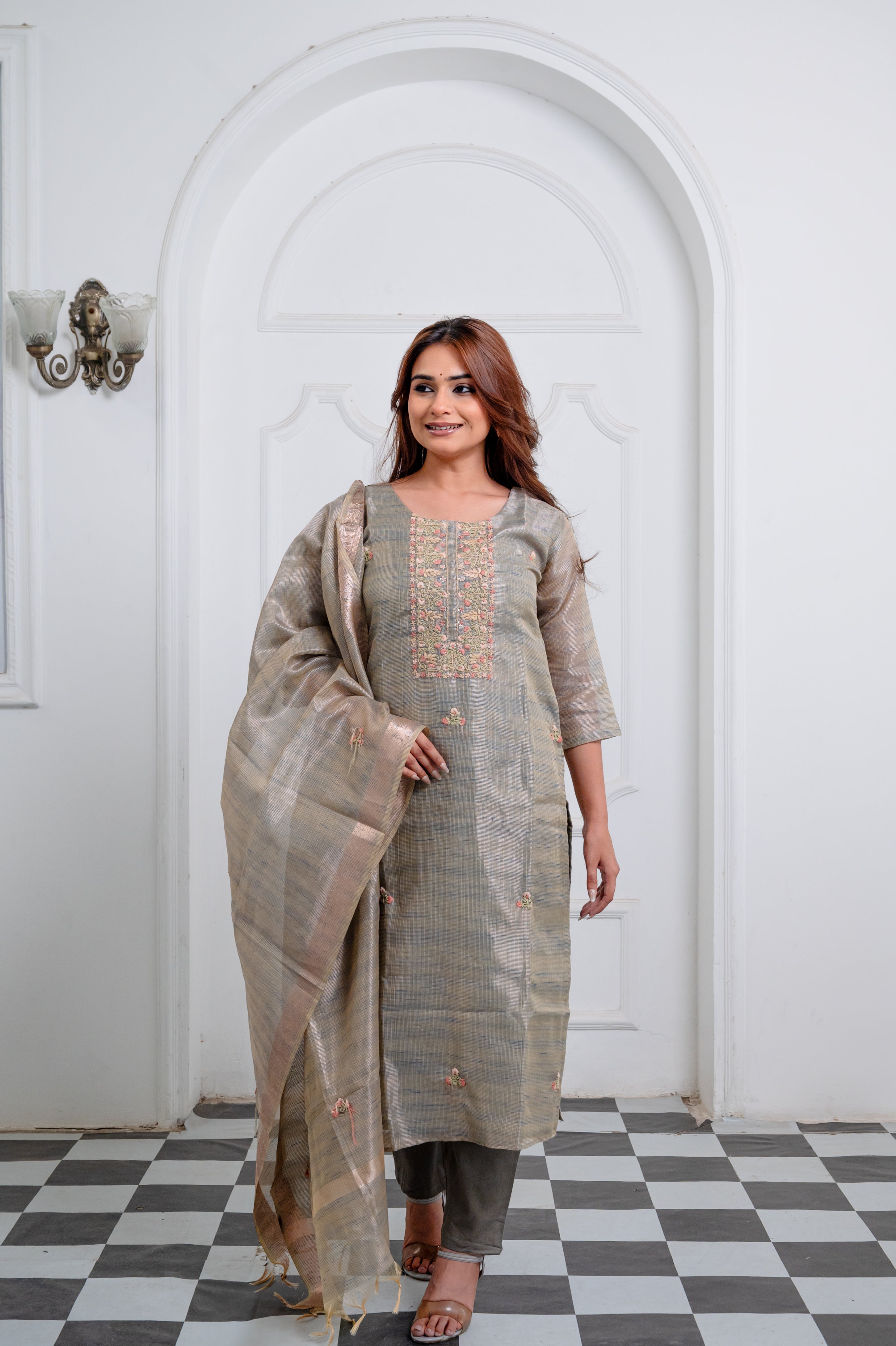 Olive Green Embroidered Suit Set