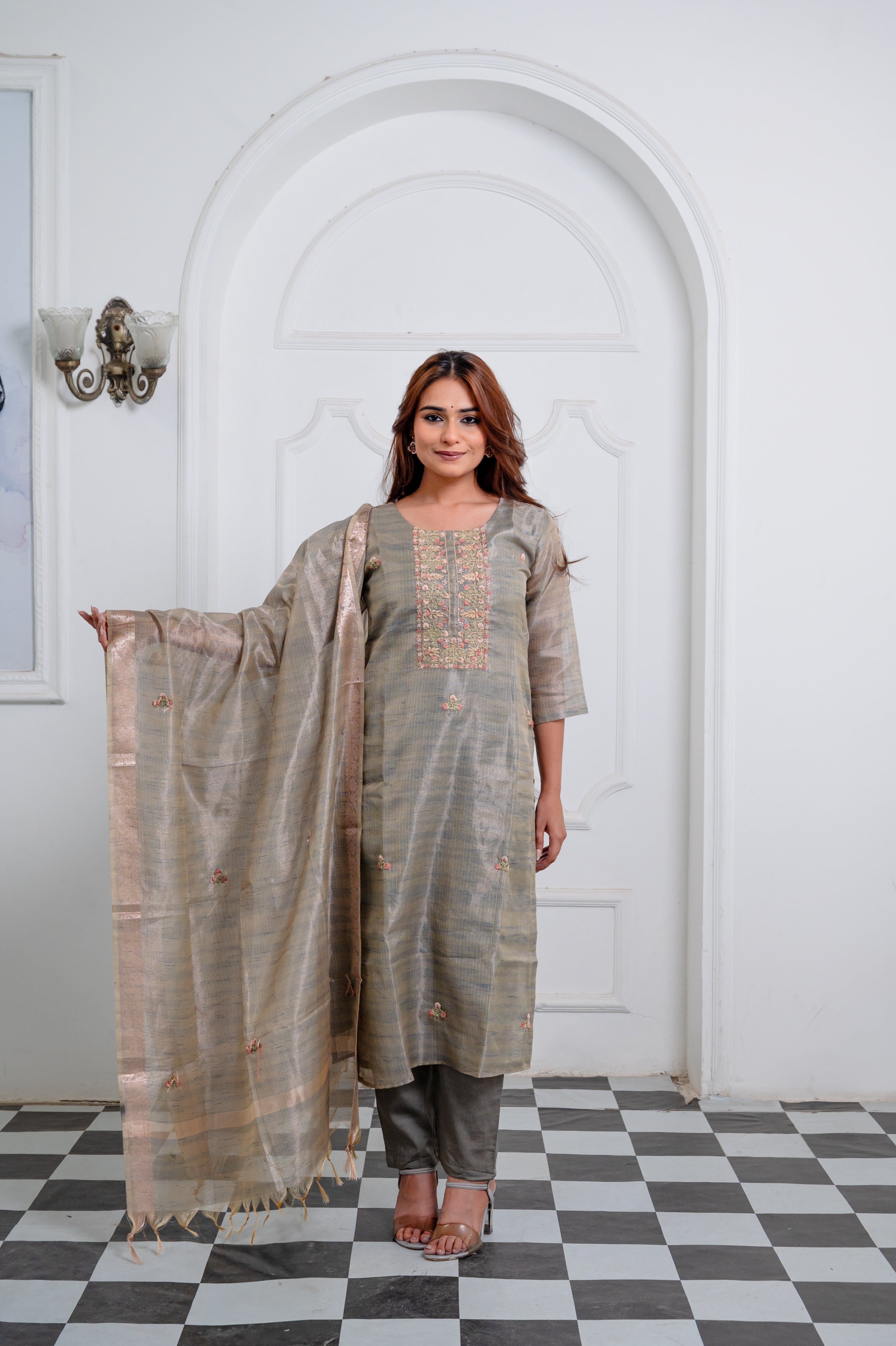 Olive Green Embroidered Suit Set