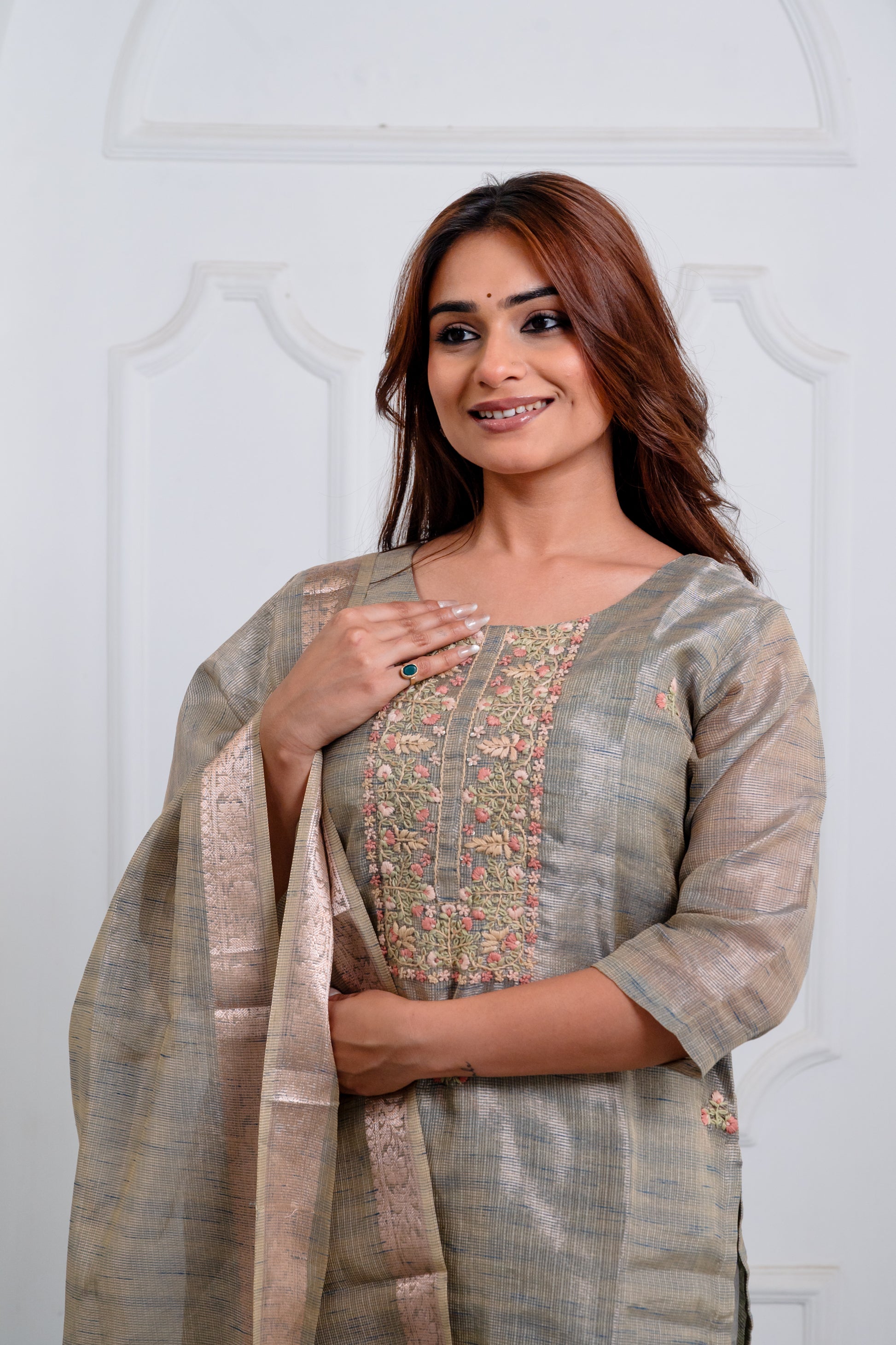 Olive Green Embroidered Suit Set