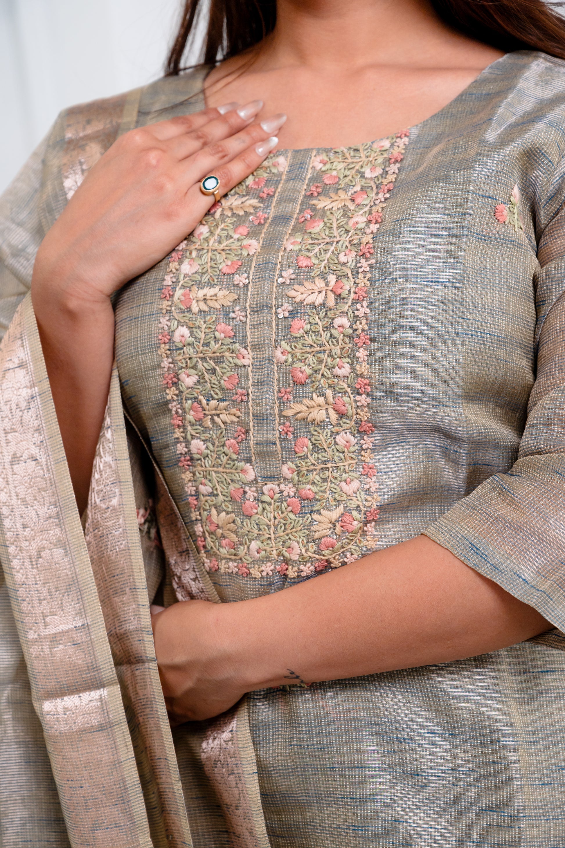 Olive Green Embroidered Suit Set