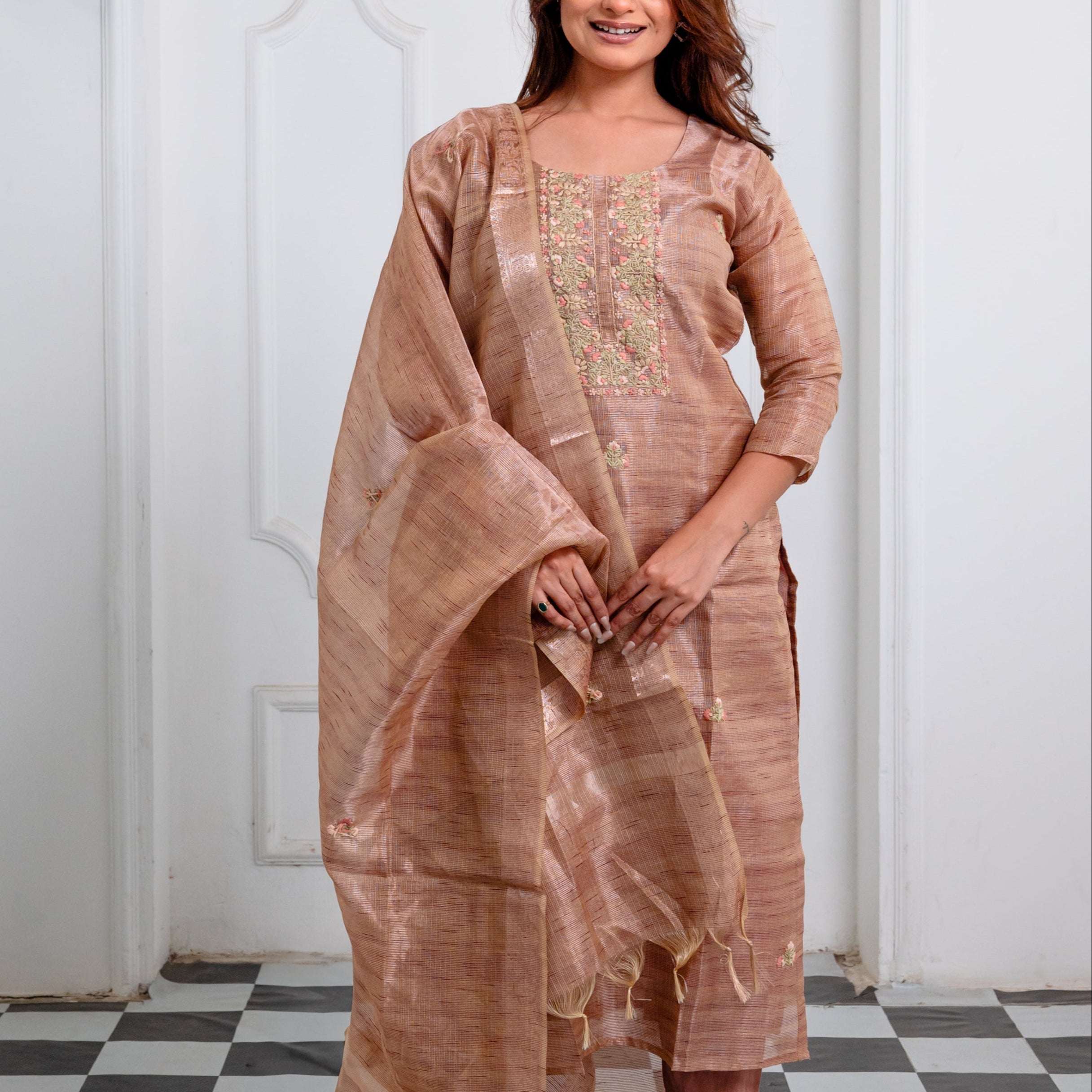 Muted Terracotta Brown Embroidered Suit Set