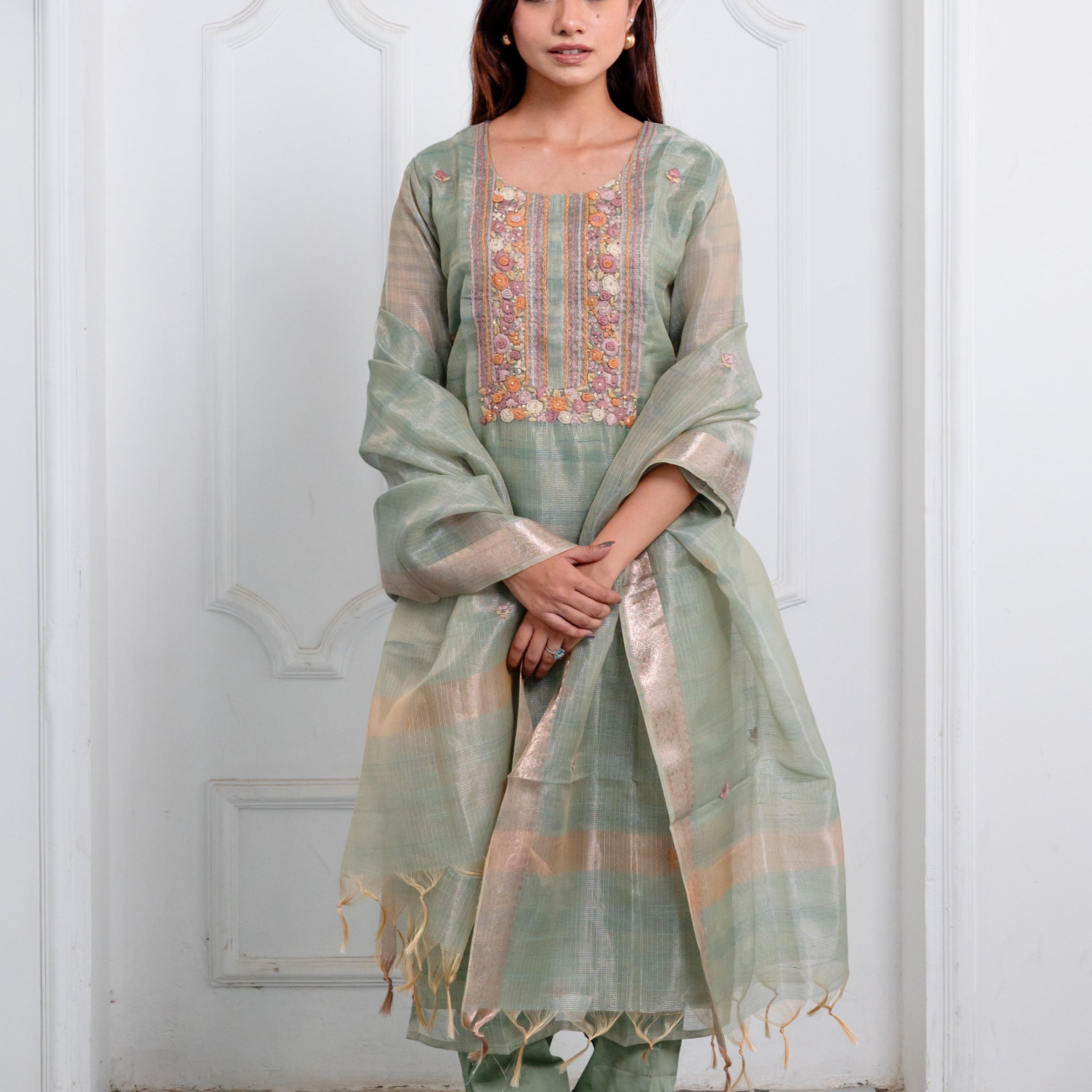 Sage Green Embroidered Suit Set