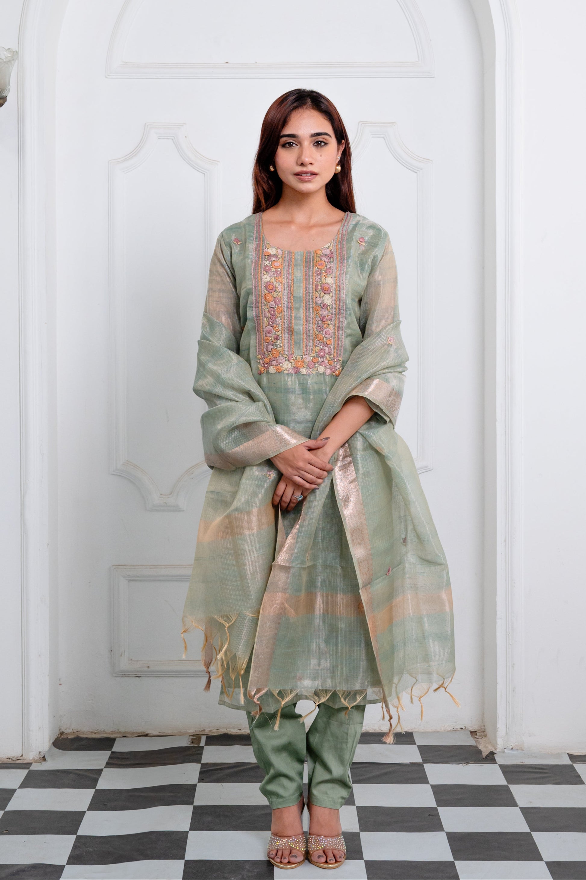 Sage Green Embroidered Suit Set