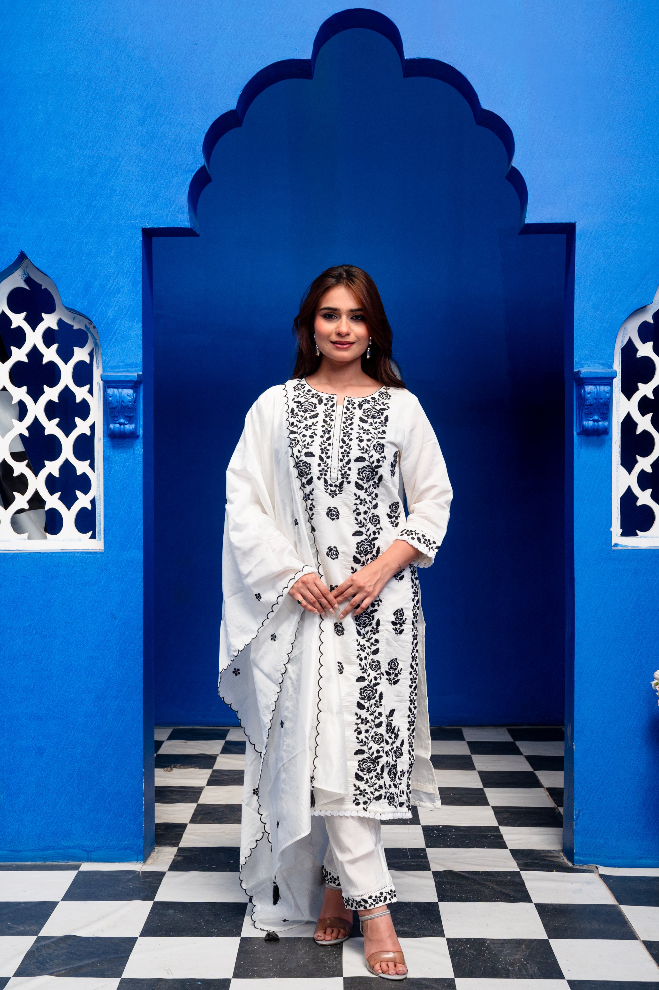 White With Black Embroidery Cotton Embroidered Suit Set
