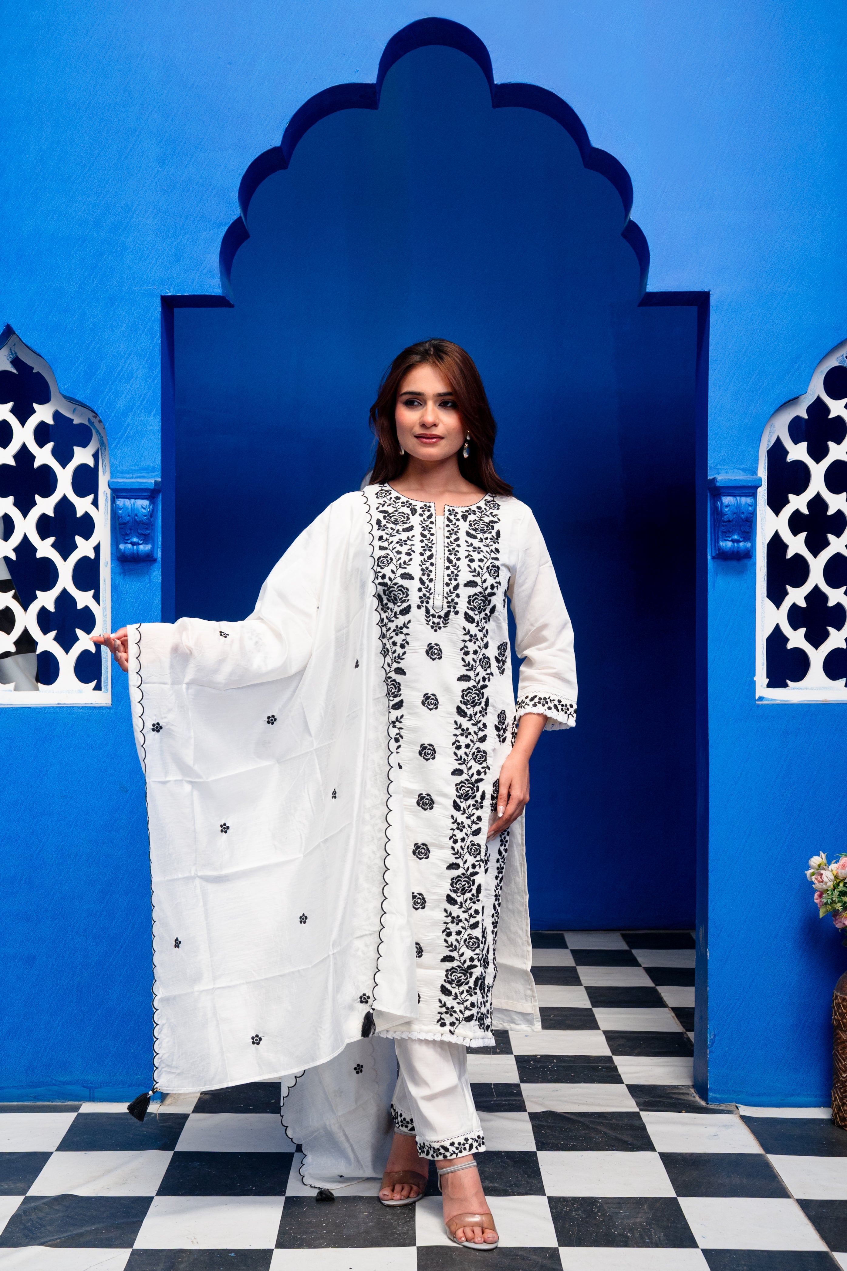 White With Black Embroidery Cotton Embroidered Suit Set