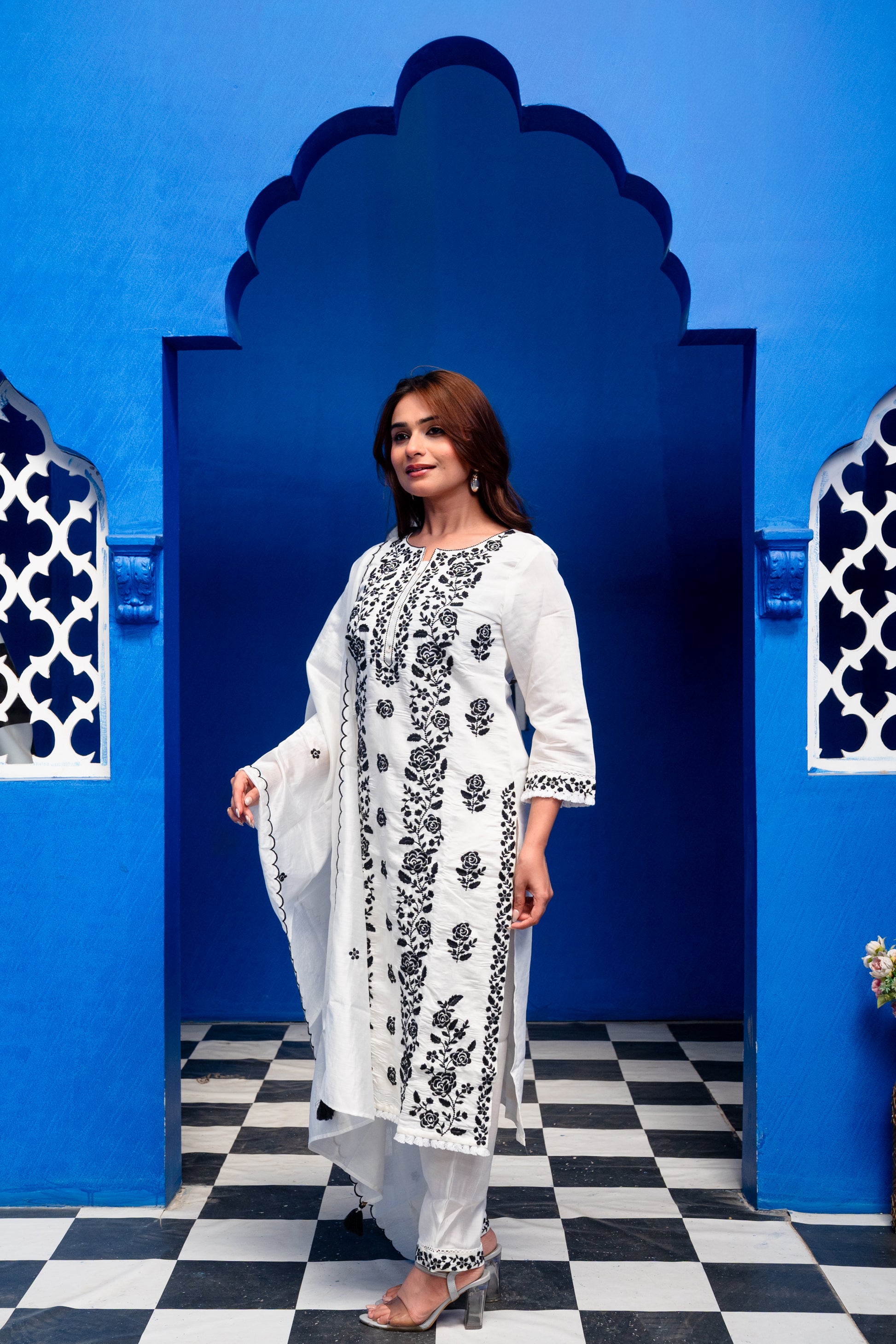 White Cotton Suit Set with Black Thread Embroidery