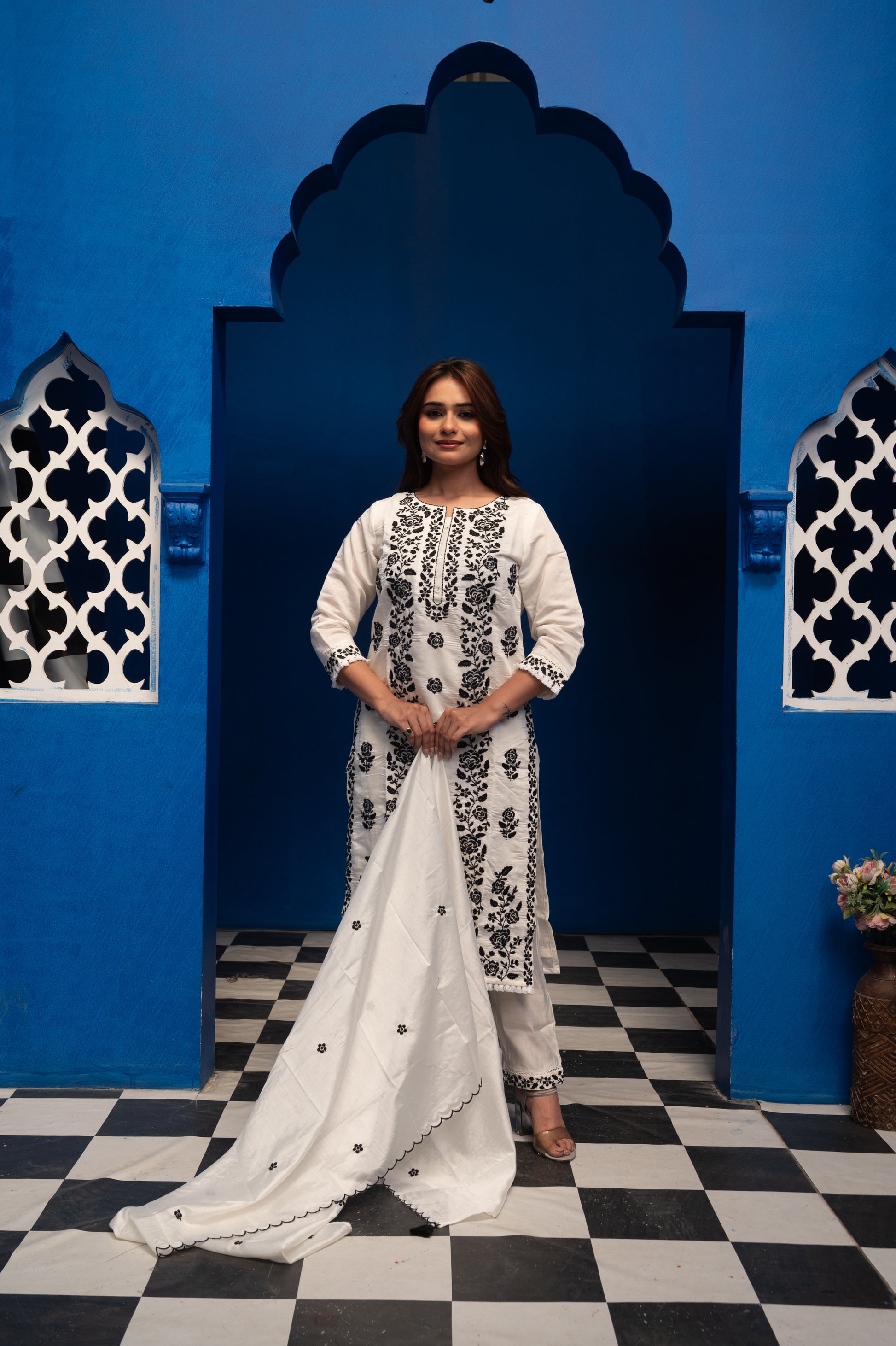 White Cotton Suit Set with Black Thread Embroidery