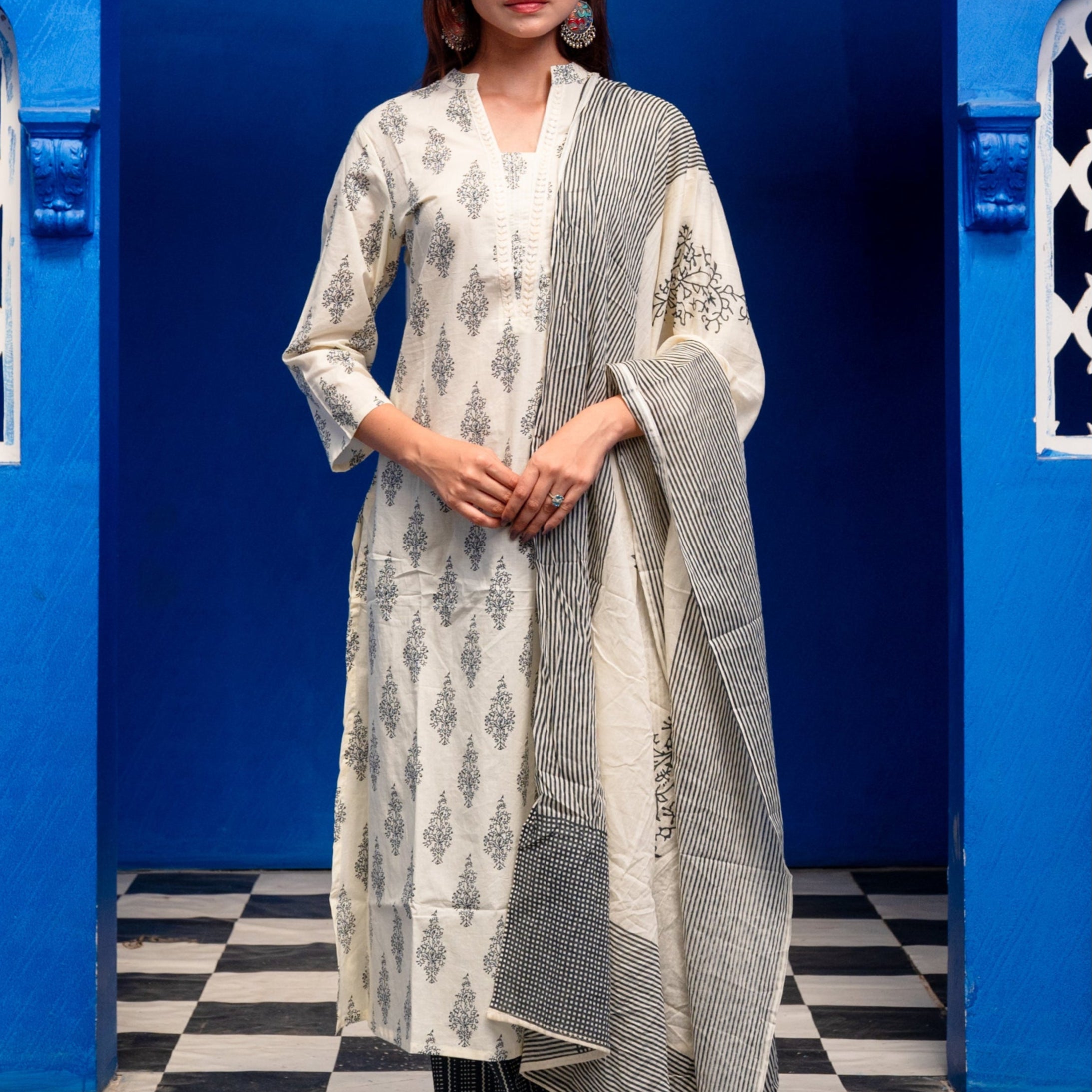 Cream A-line Cotton Suit Set with Dark Blue Block Print & Sequin Neck Detail