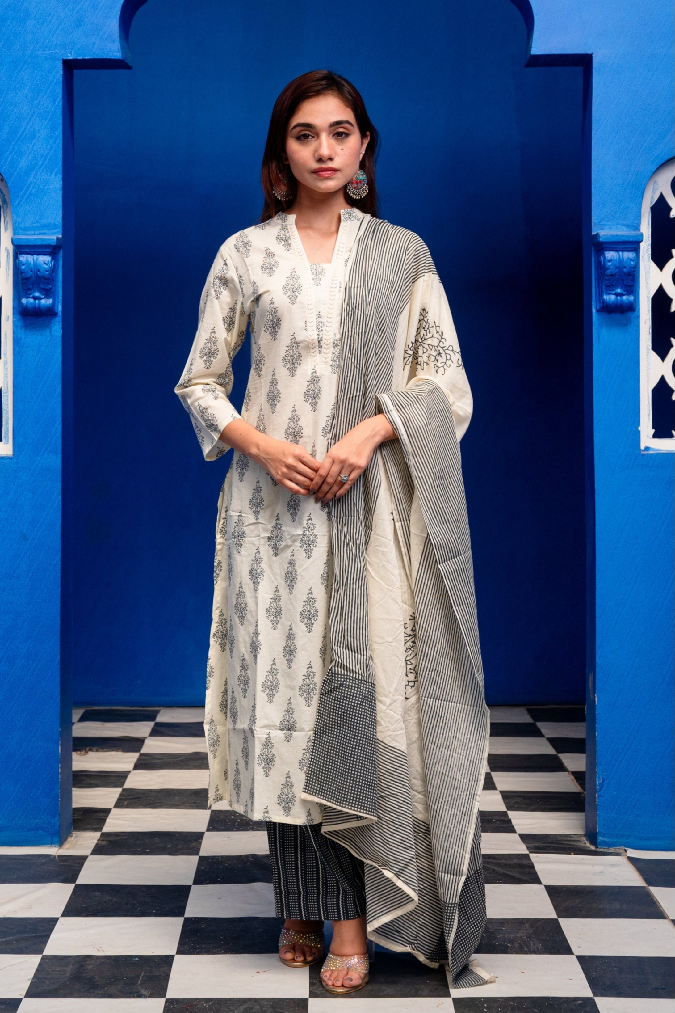 Cream With Dark Blue Block Print Cotton Suit Set