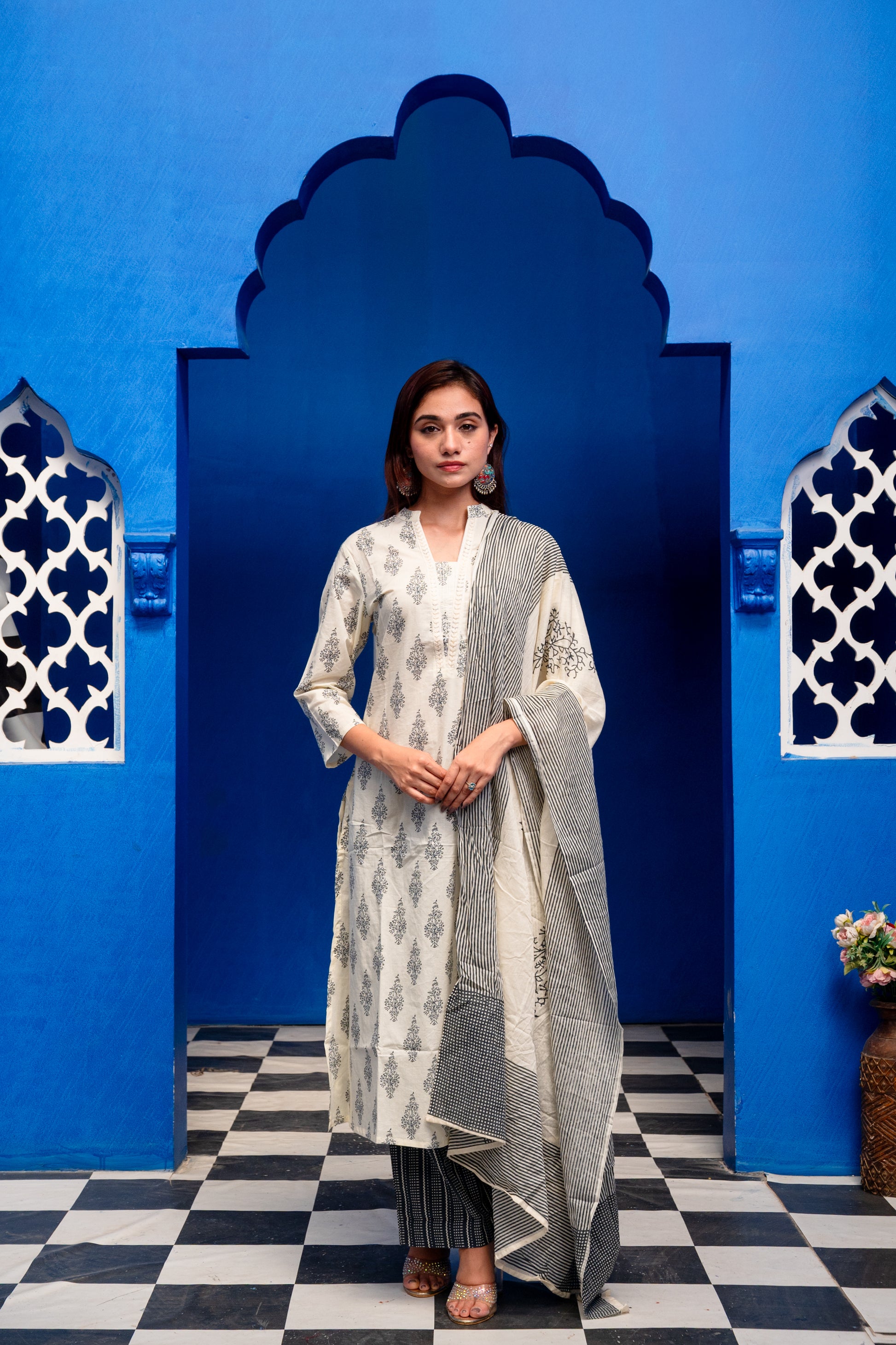 Cream With Dark Blue Block Print Cotton Suit Set