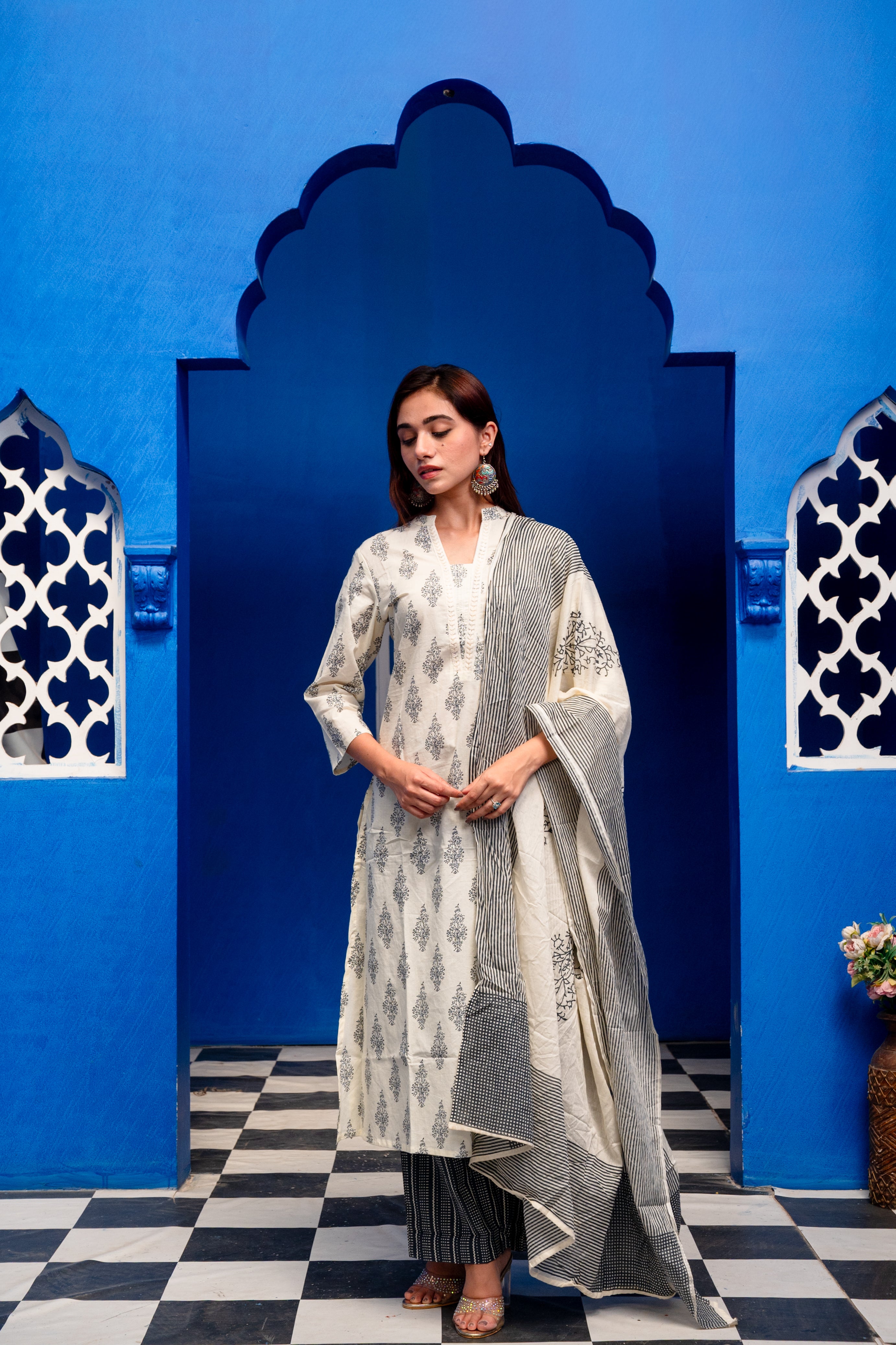 Cream With Dark Blue Block Print Cotton Suit Set