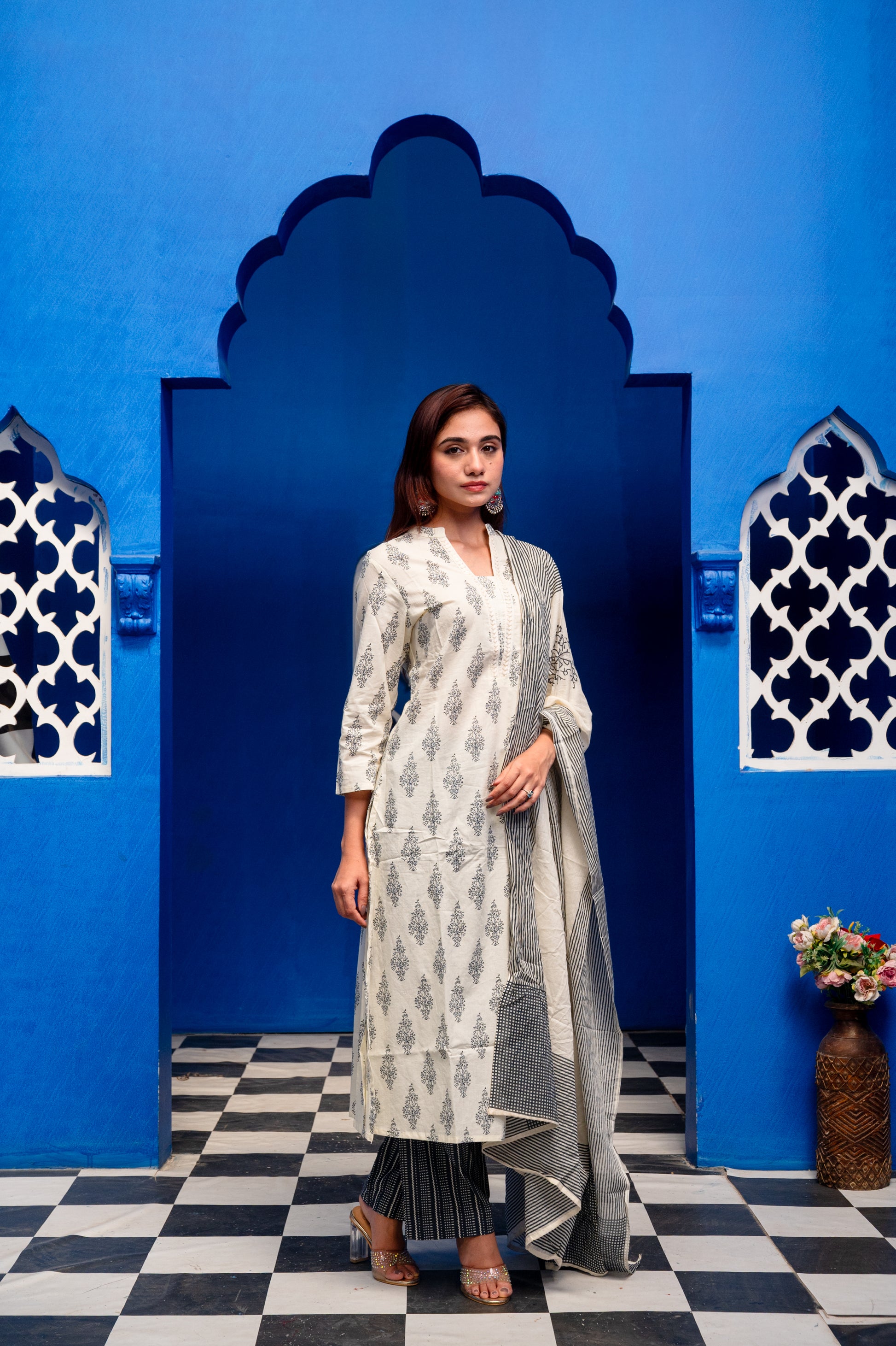 Cream With Dark Blue Block Print Cotton Suit Set