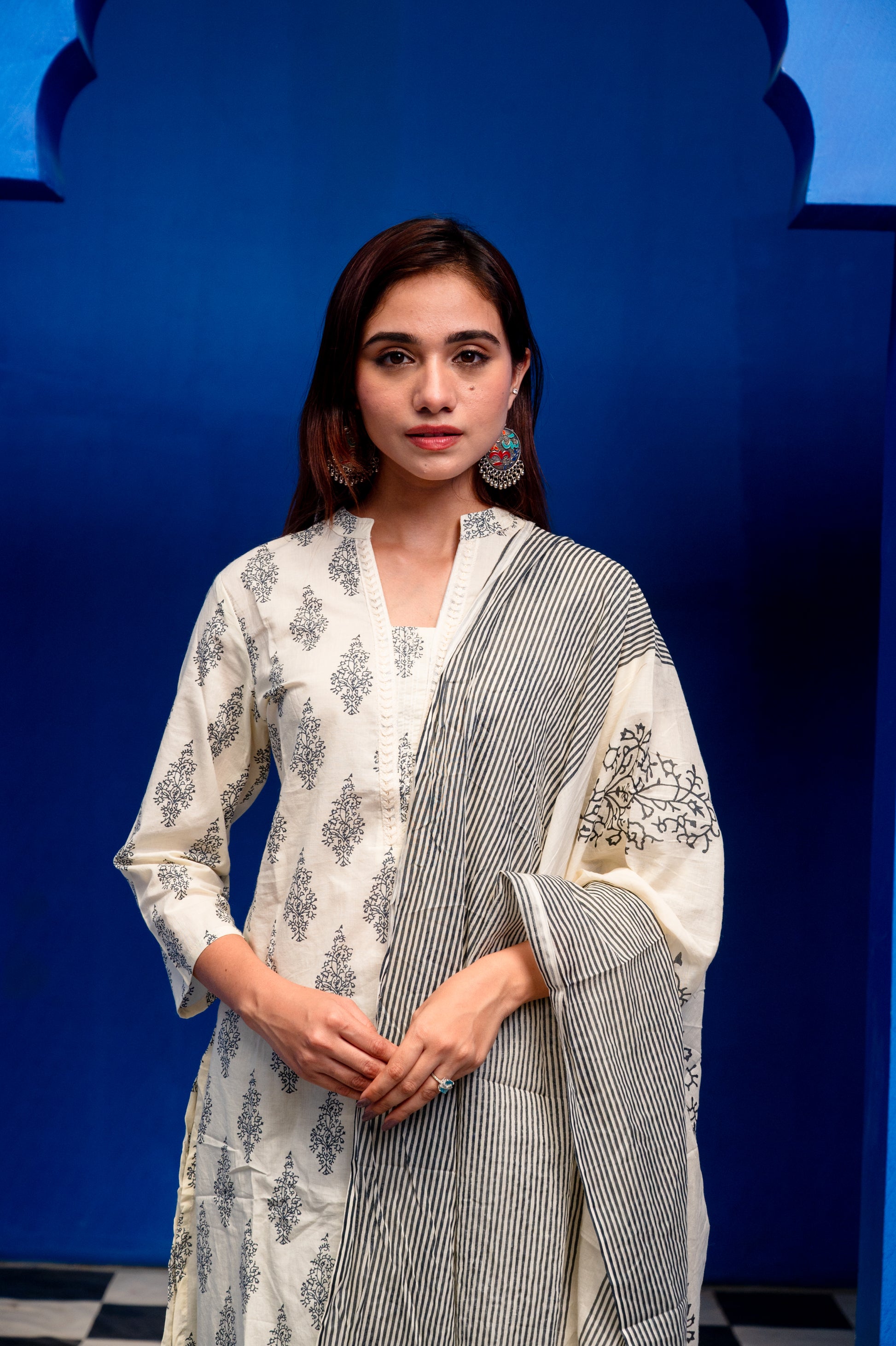 Cream With Dark Blue Block Print Cotton Suit Set