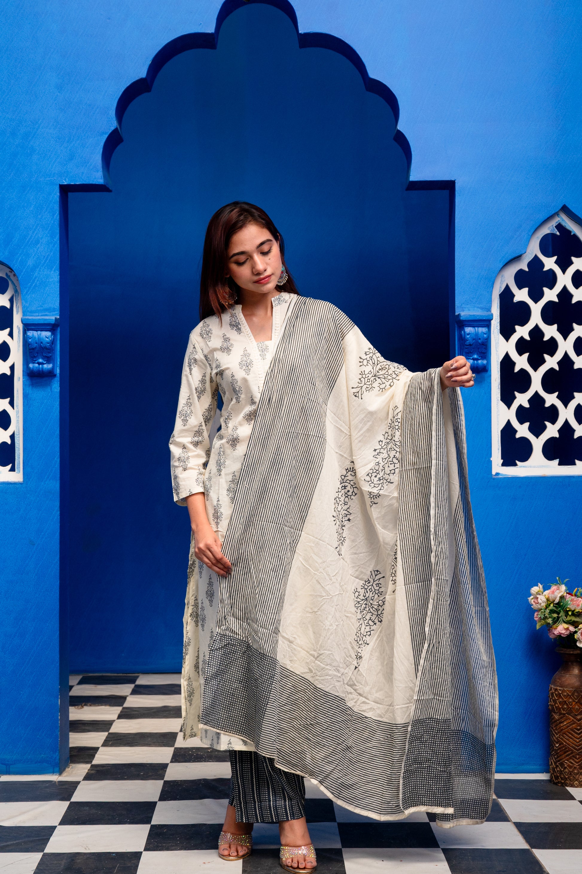 Cream With Dark Blue Block Print Cotton Suit Set