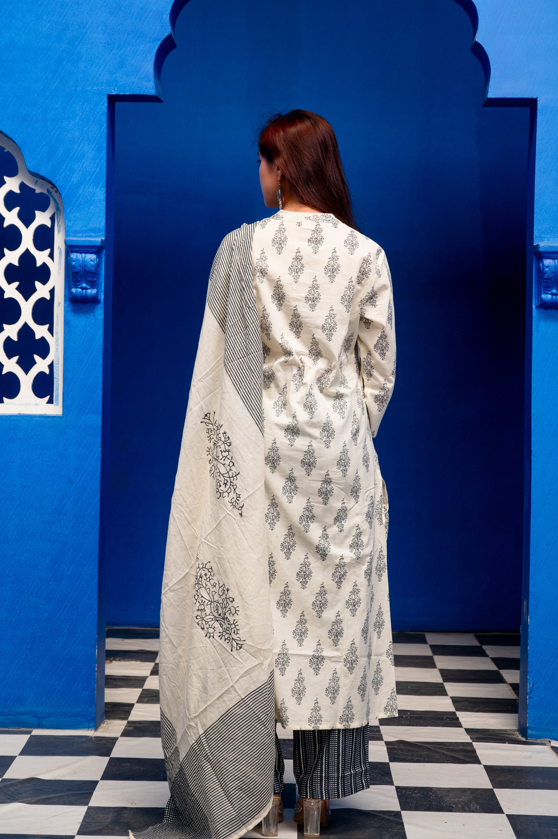 Cream With Dark Blue Block Print Cotton Suit Set