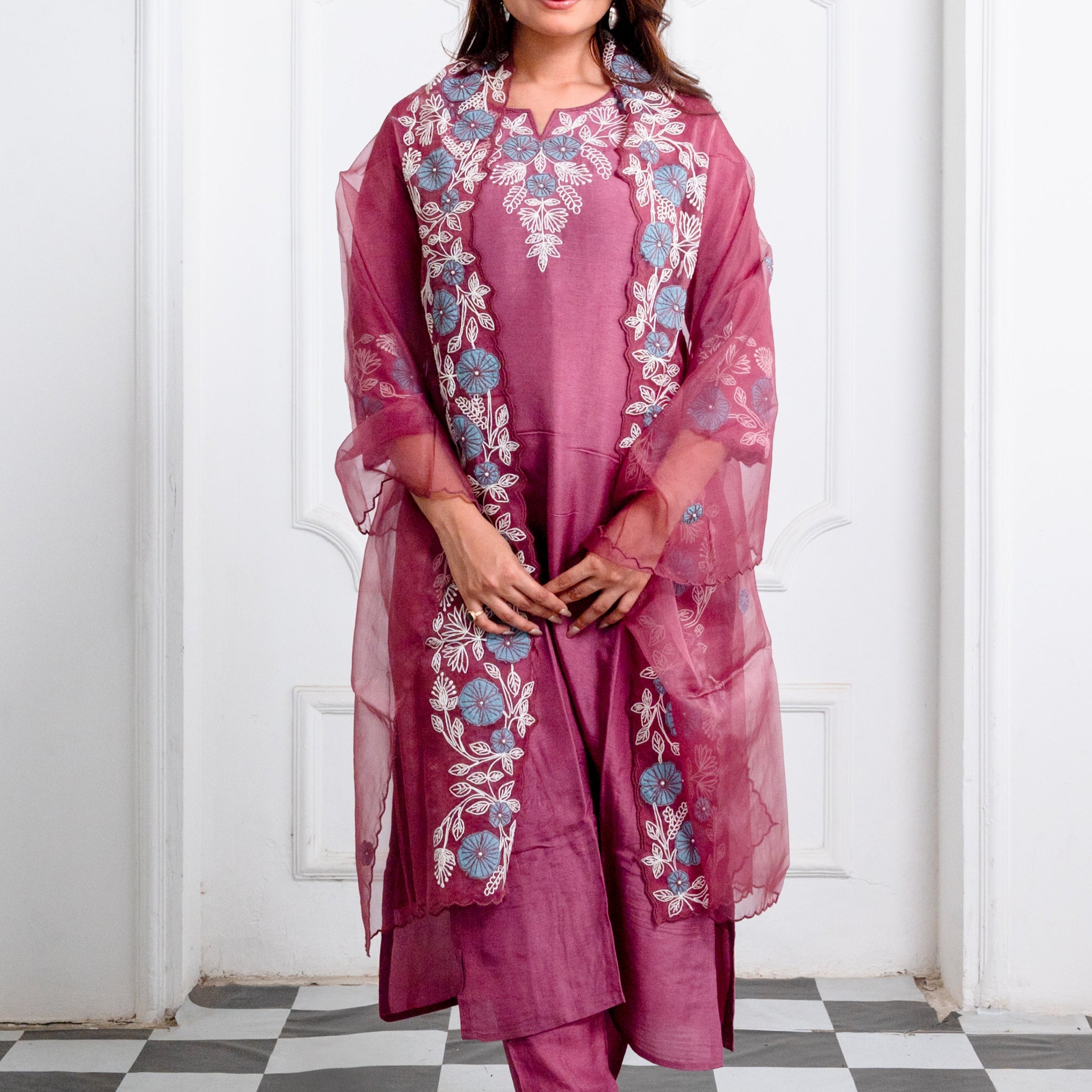 Mulberry Pink Russian Silk Suit Set with Hand Appliqué Work