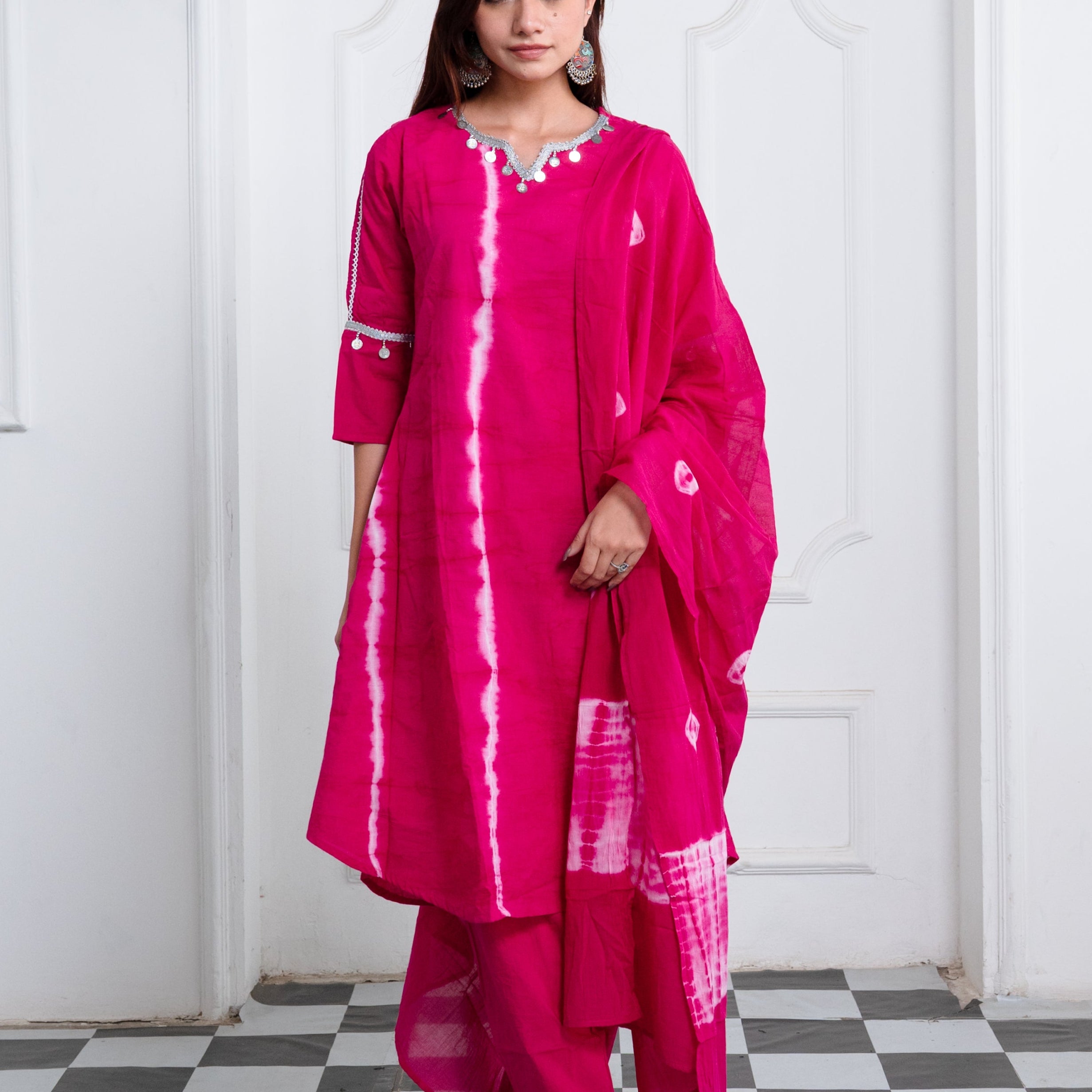 Magenta Rani Pink Shibori Cotton Suit Set with Silver Lace Trim