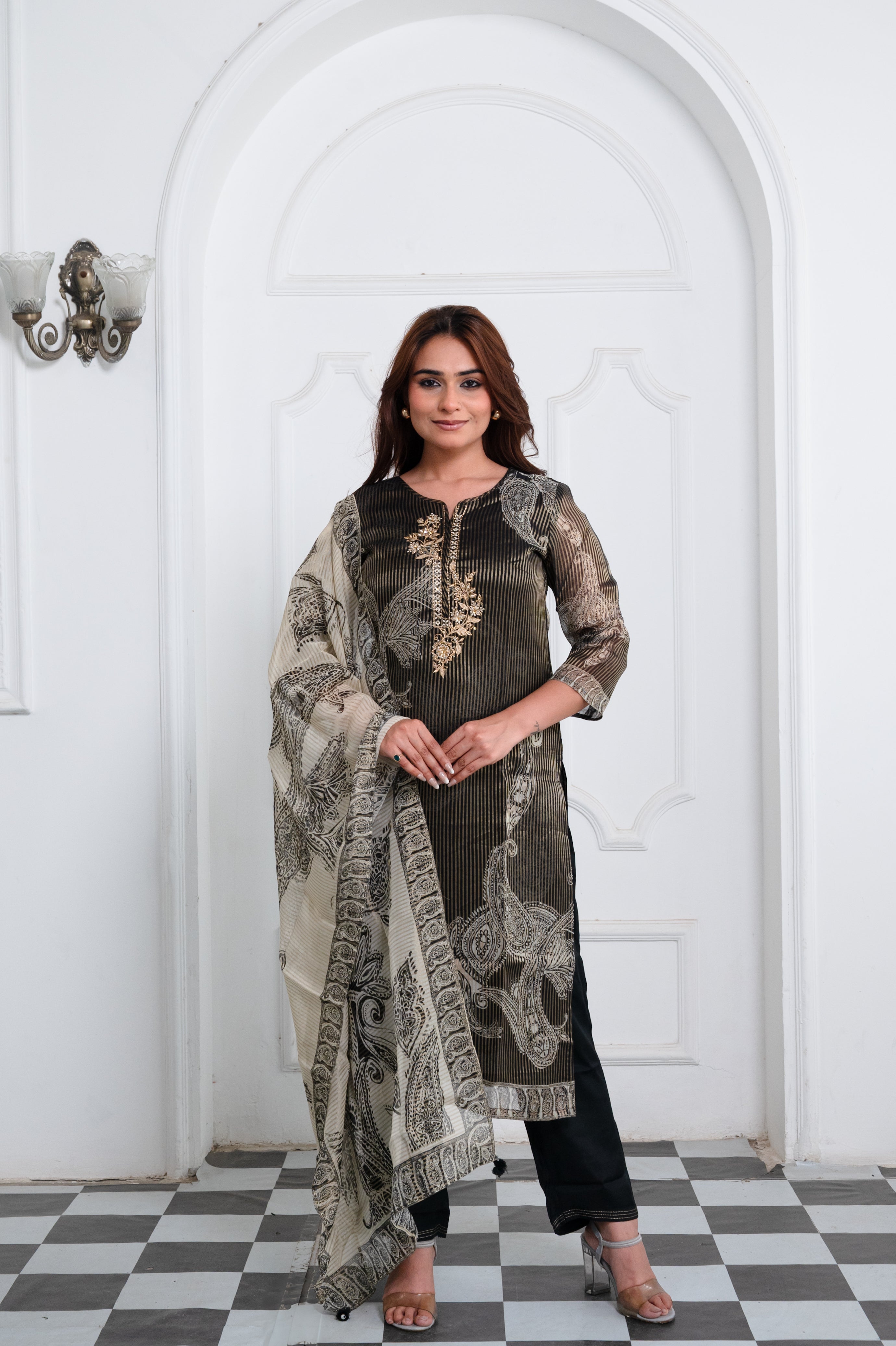 Black With Gold Stripes Crepe Zari Blockprint Suit Set