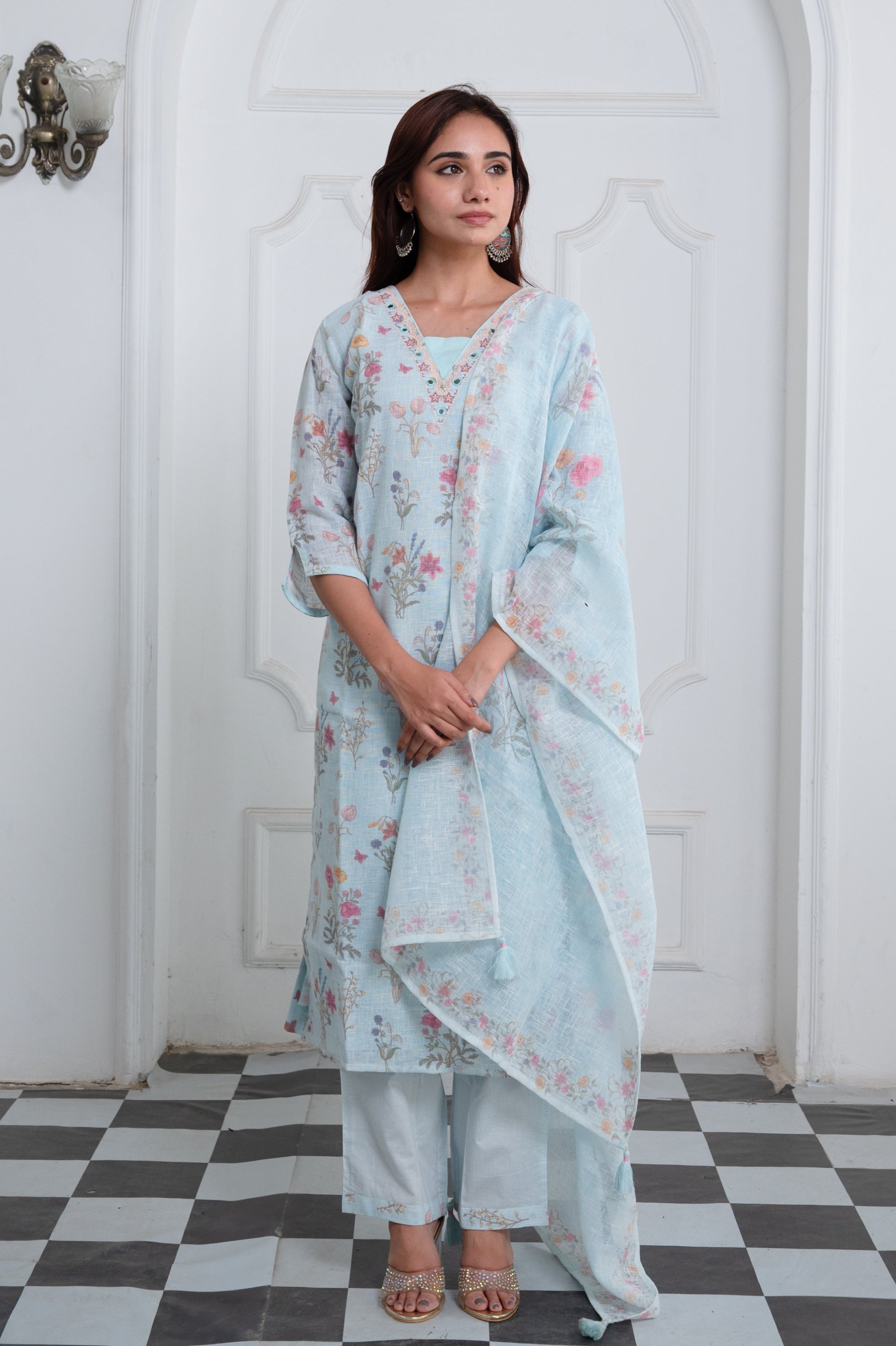 Light Blue Linen Mirror Work Suit Set