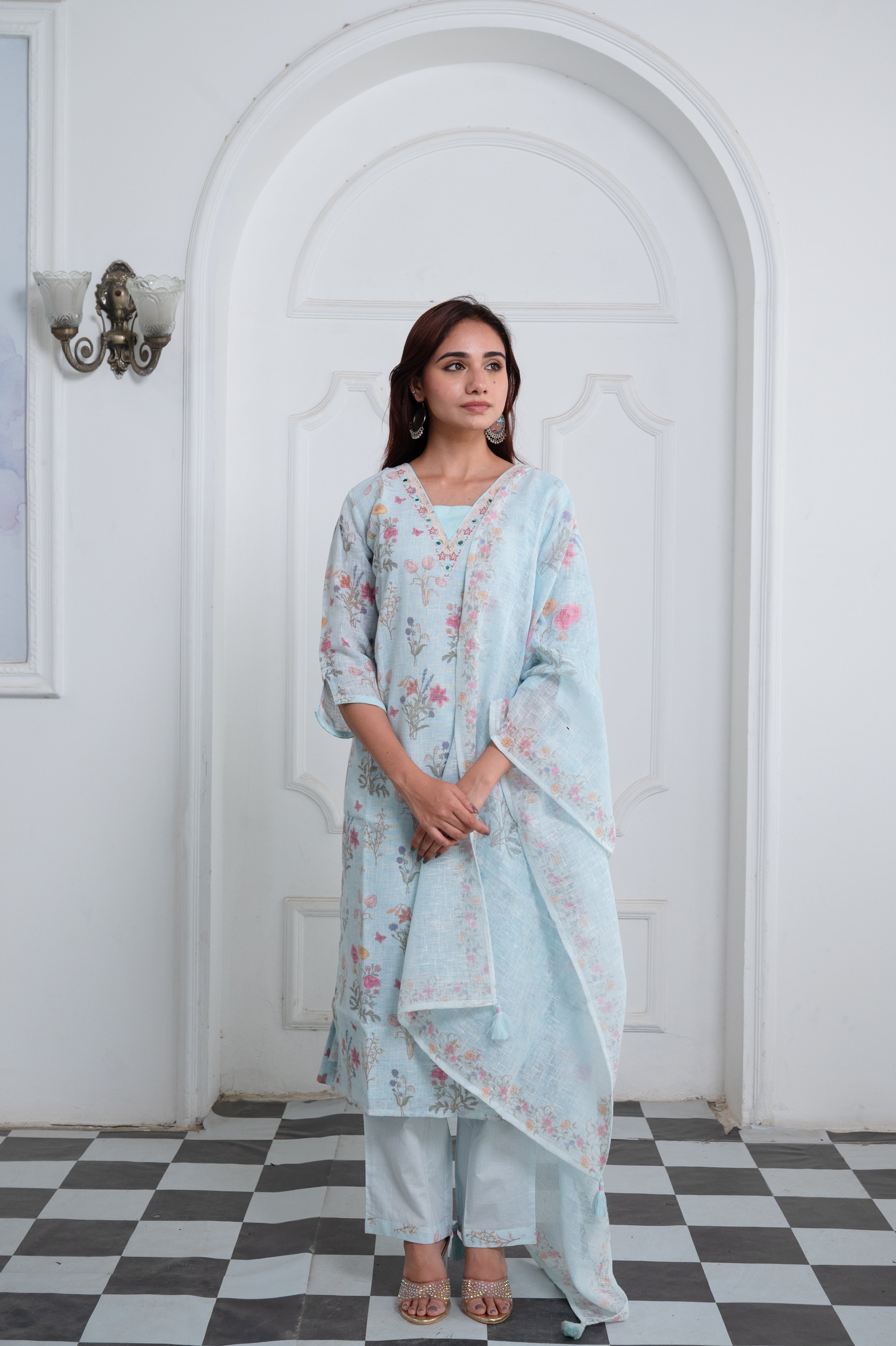 Light Blue Linen Mirror Work Suit Set
