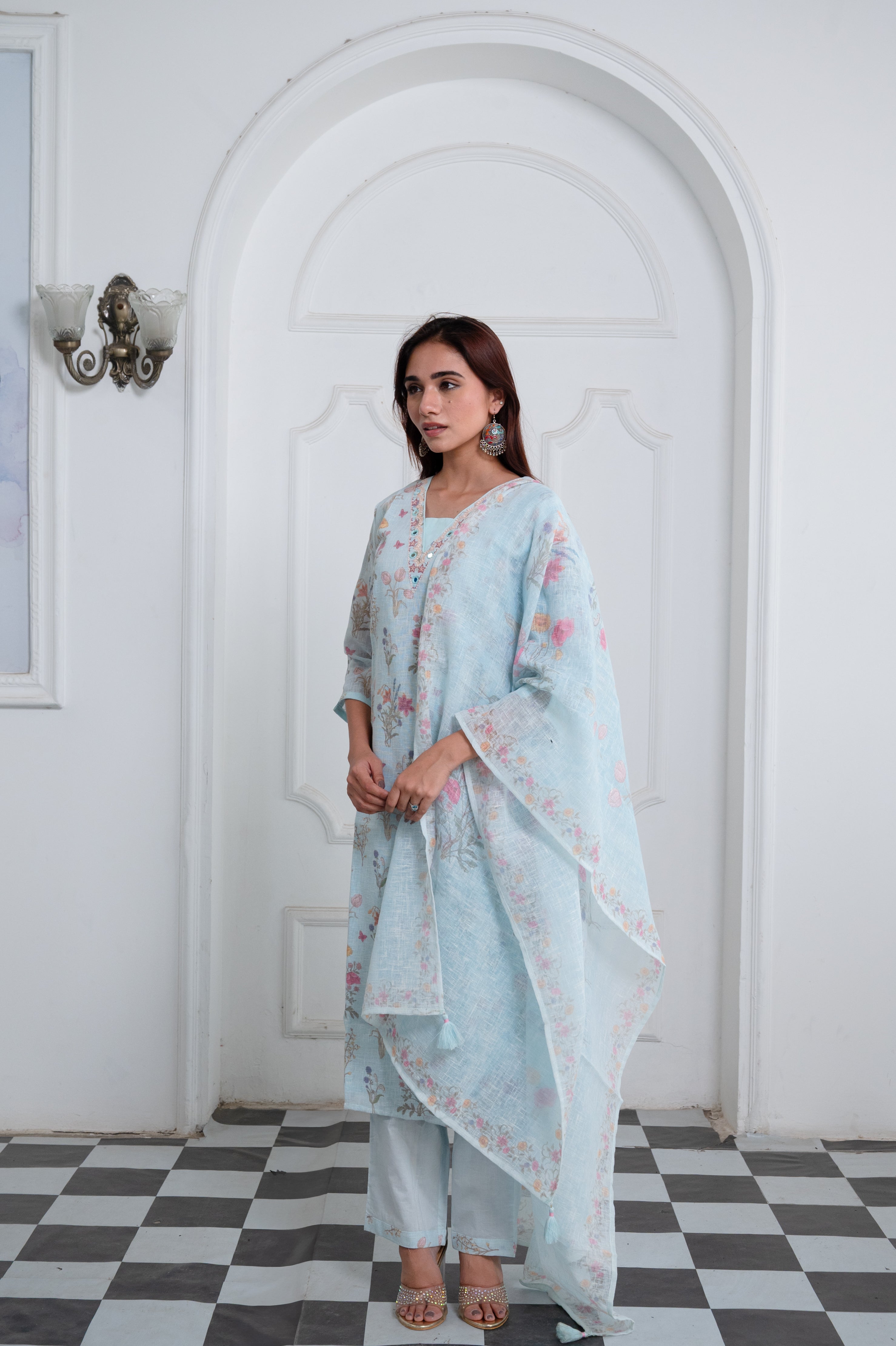 Light Blue Linen Mirror Work Suit Set