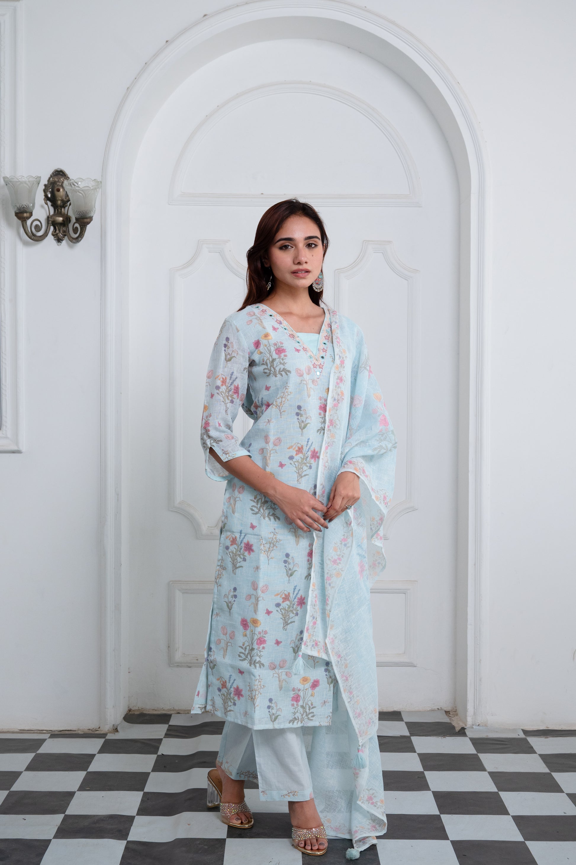 Pastel Sky Blue Linen Suit Set with Pink Embroidery and Mirror Work