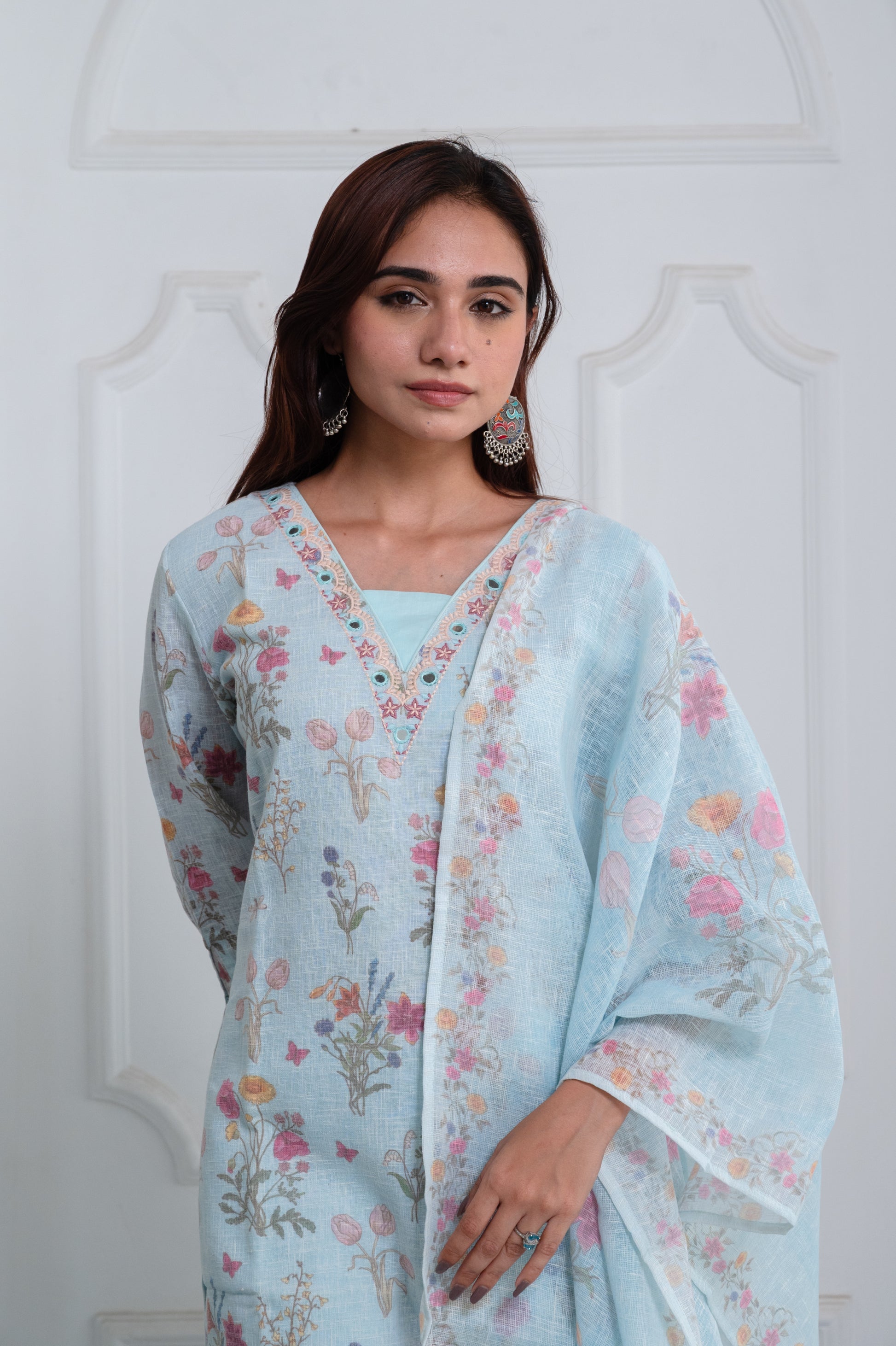 Pastel Sky Blue Linen Suit Set with Pink Embroidery and Mirror Work