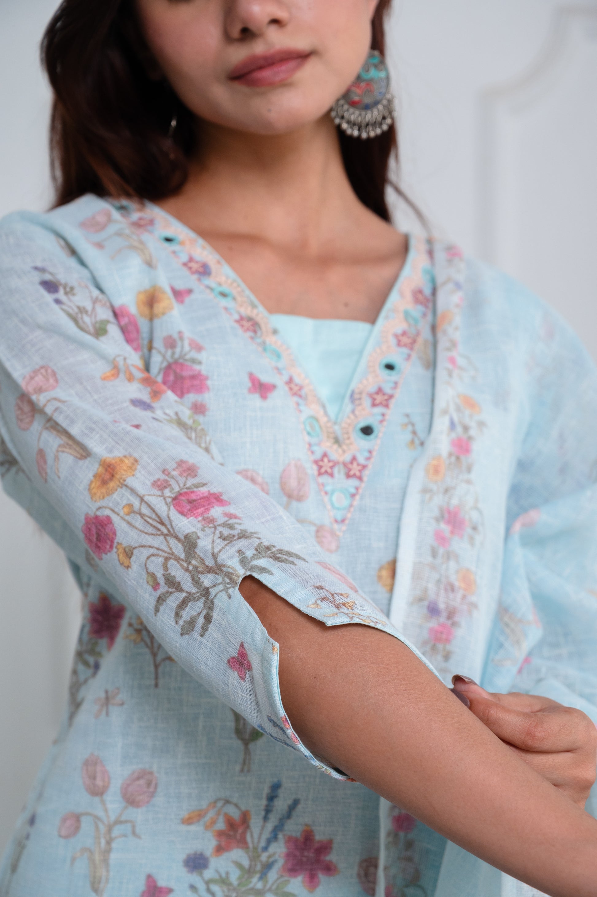 Pastel Sky Blue Linen Suit Set with Pink Embroidery and Mirror Work