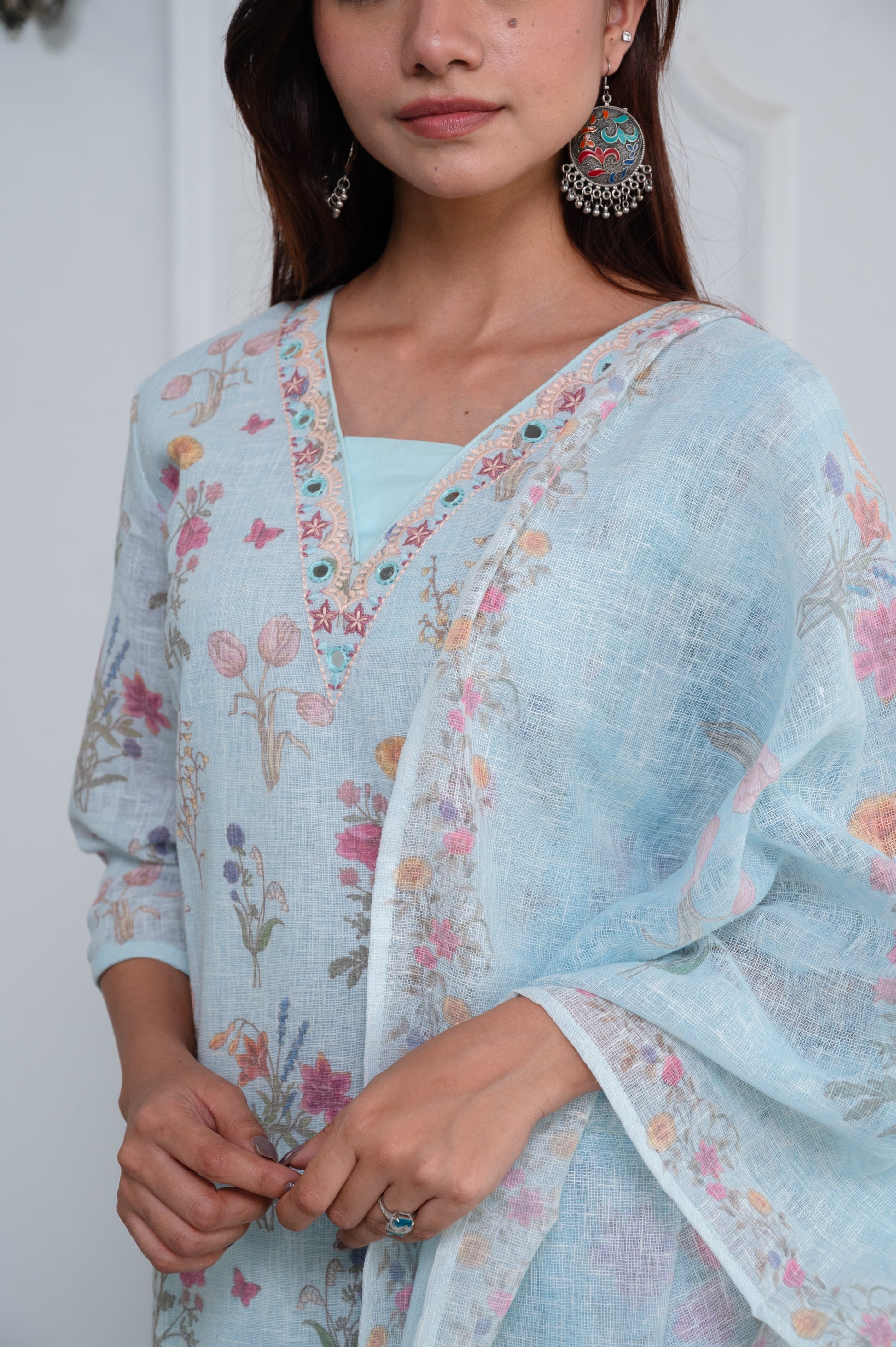 Pastel Sky Blue Linen Suit Set with Pink Embroidery and Mirror Work