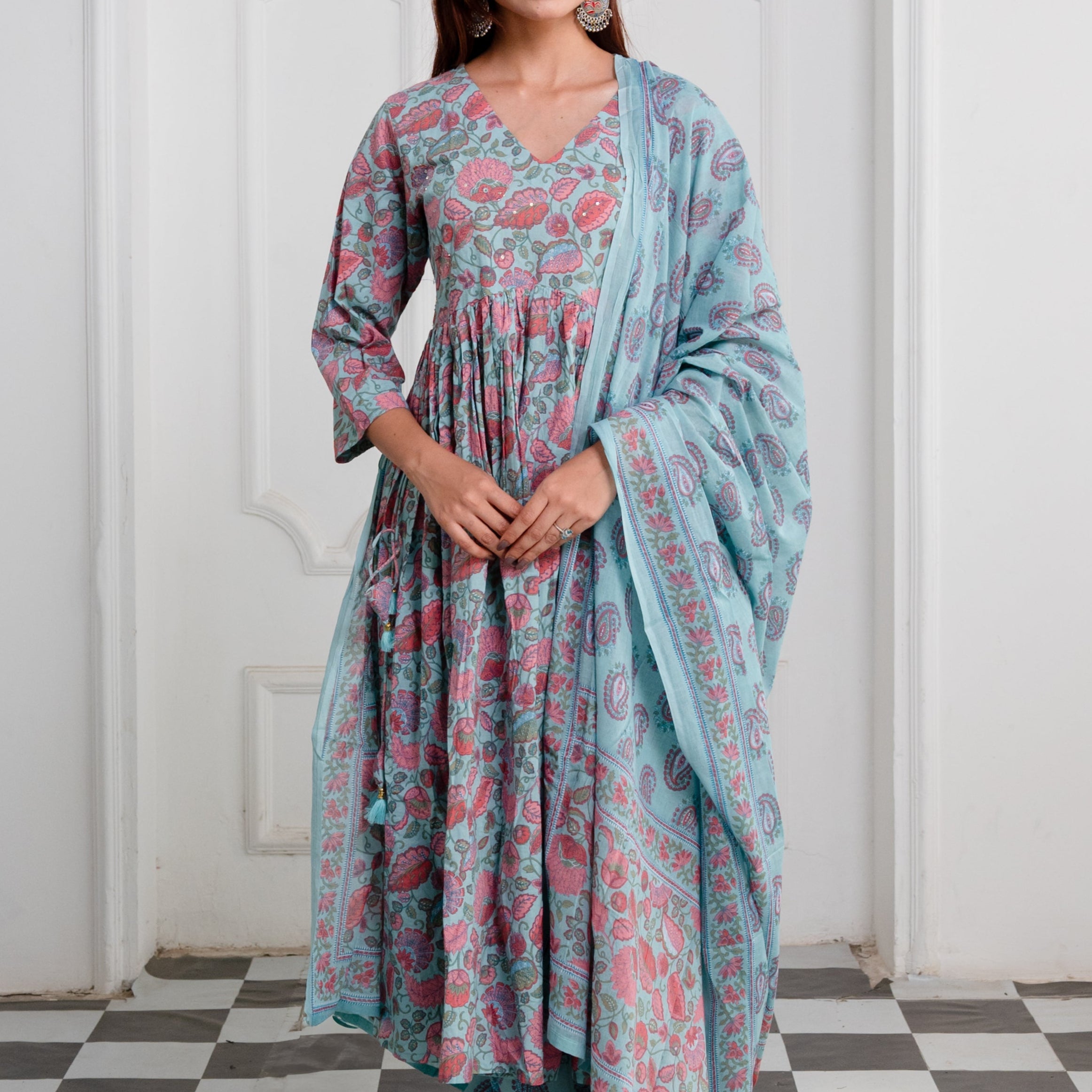 Dusty Ocean Blue Cotton Anarkali Suit Set with Sanganeri Handblock Floral Print