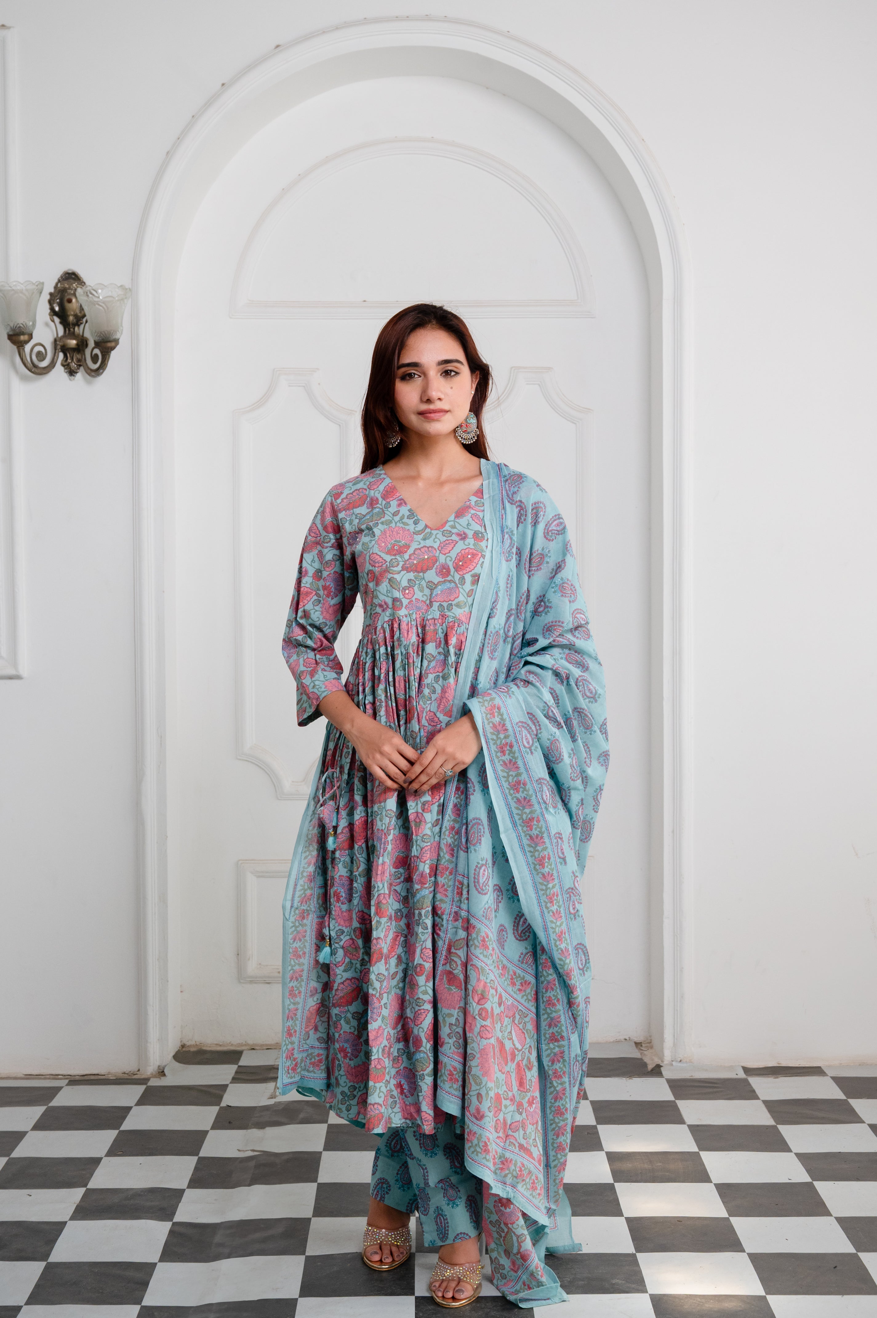 Sky Blue Cotton Anarkali Suit Set