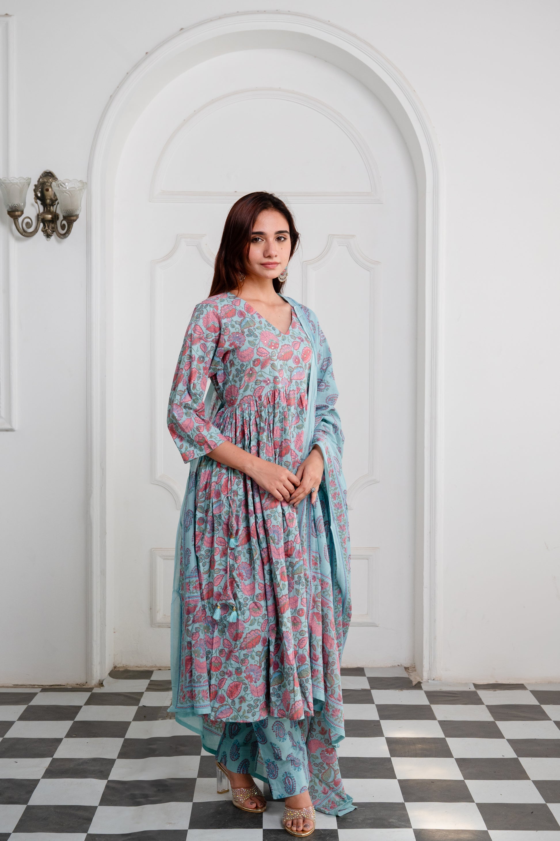 Sky Blue Cotton Anarkali Suit Set