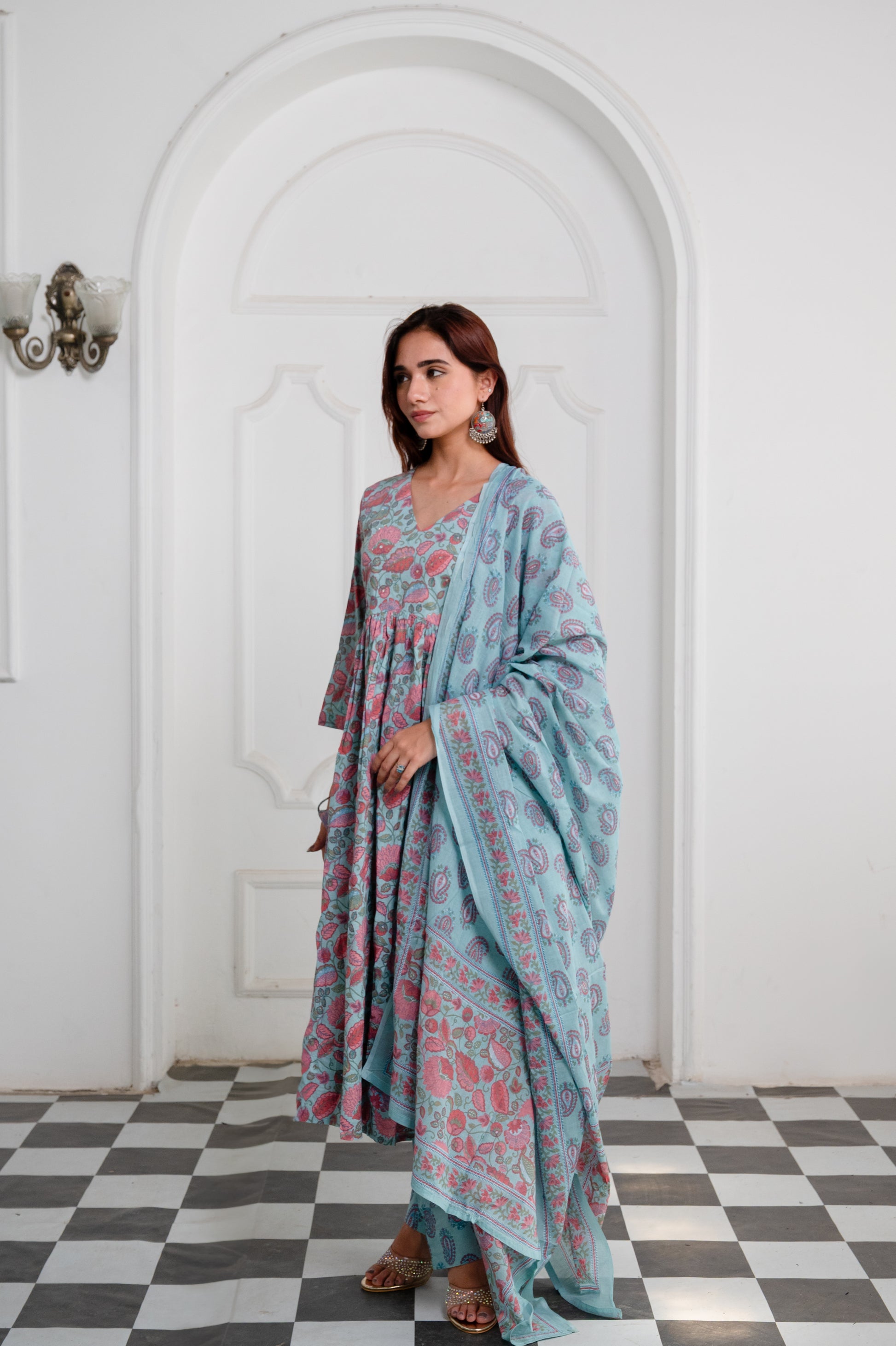 Sky Blue Cotton Anarkali Suit Set