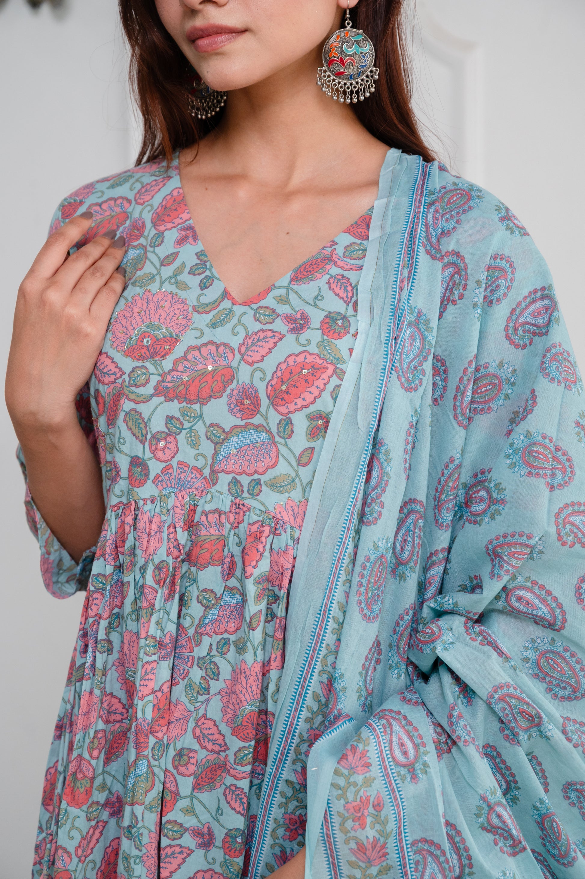 Sky Blue Cotton Anarkali Suit Set