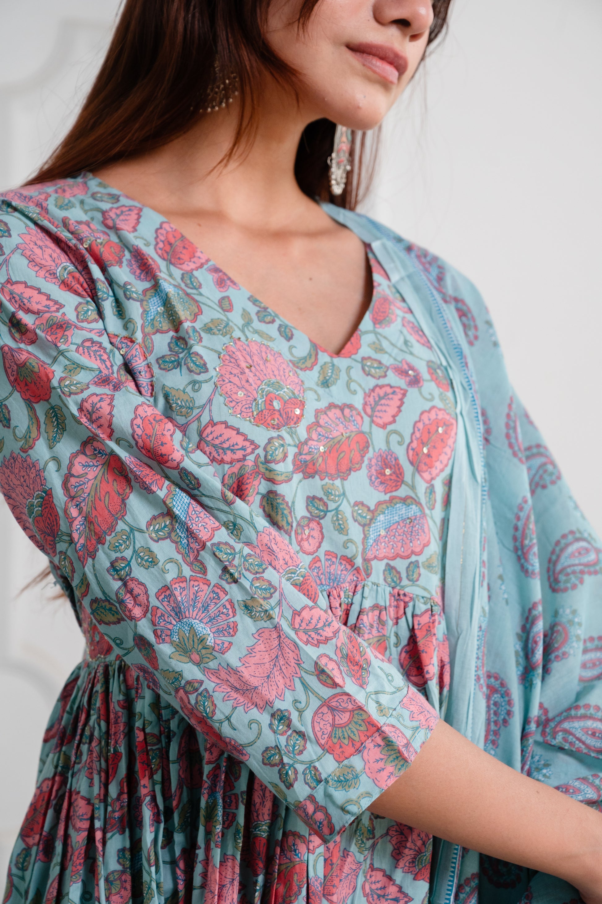 Sky Blue Cotton Anarkali Suit Set