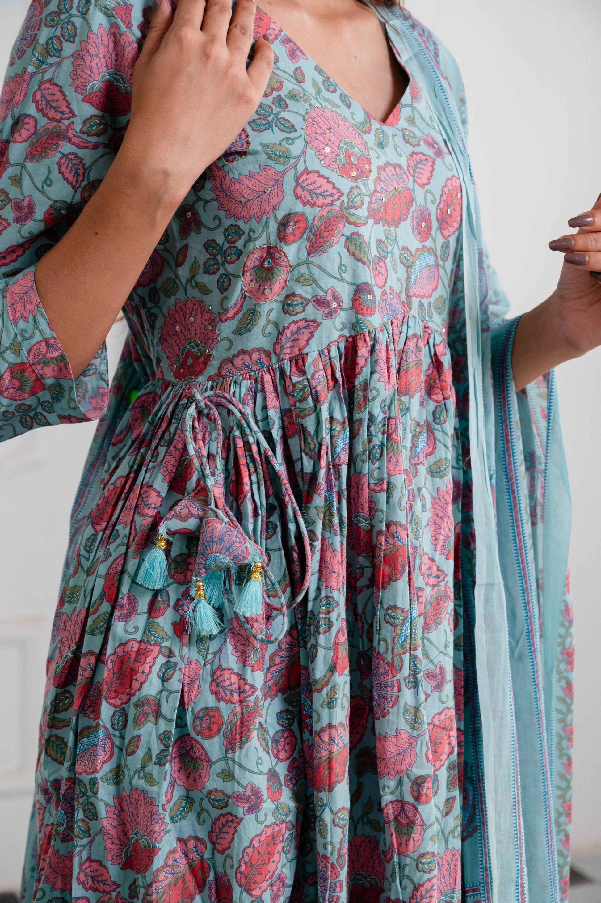 Sky Blue Cotton Anarkali Suit Set