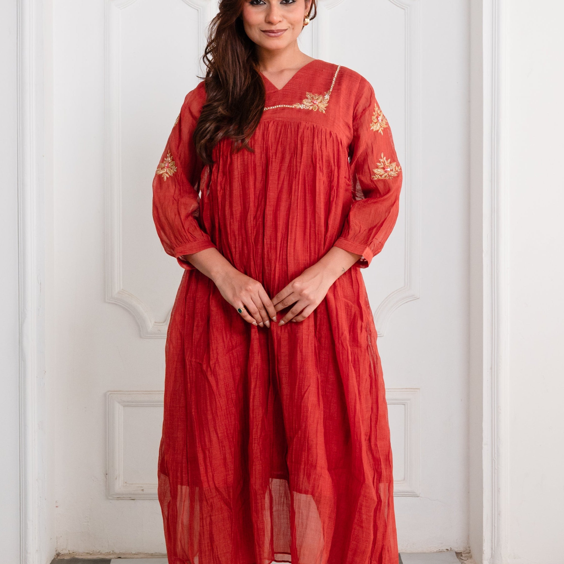 Burnt Vermilion Red Mul Chanderi Silk Suit Set with Embroidered Sleeve Detail