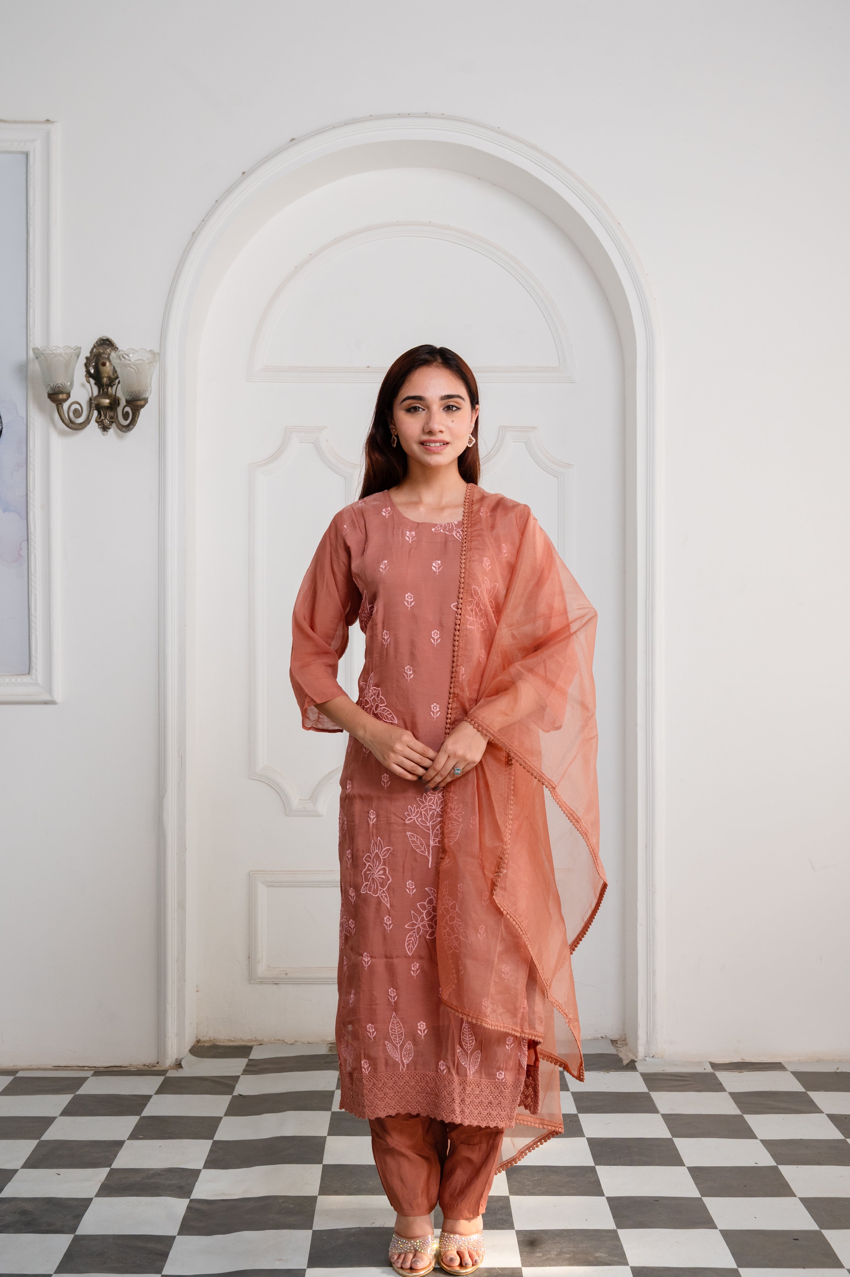 Rustic Brown Organza Embroidered Suit Set