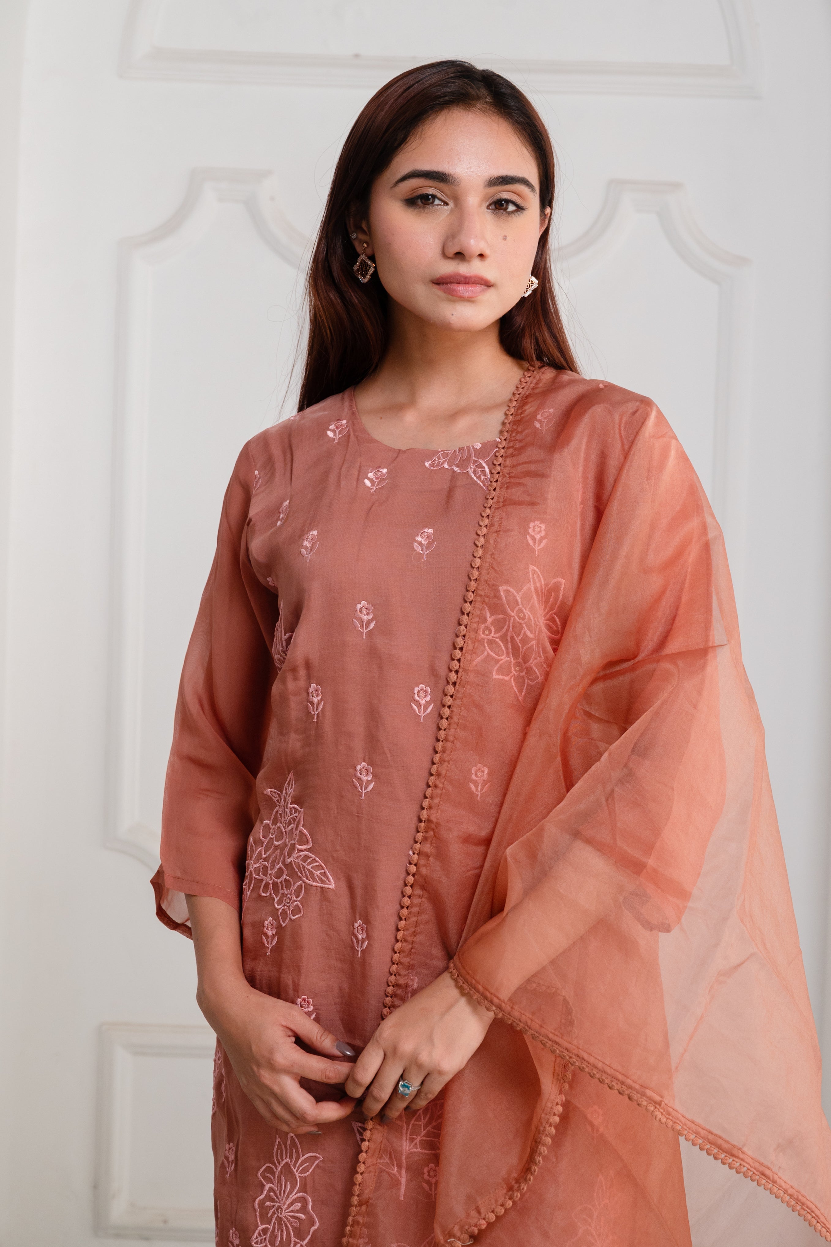 Rustic Brown Organza Embroidered Suit Set