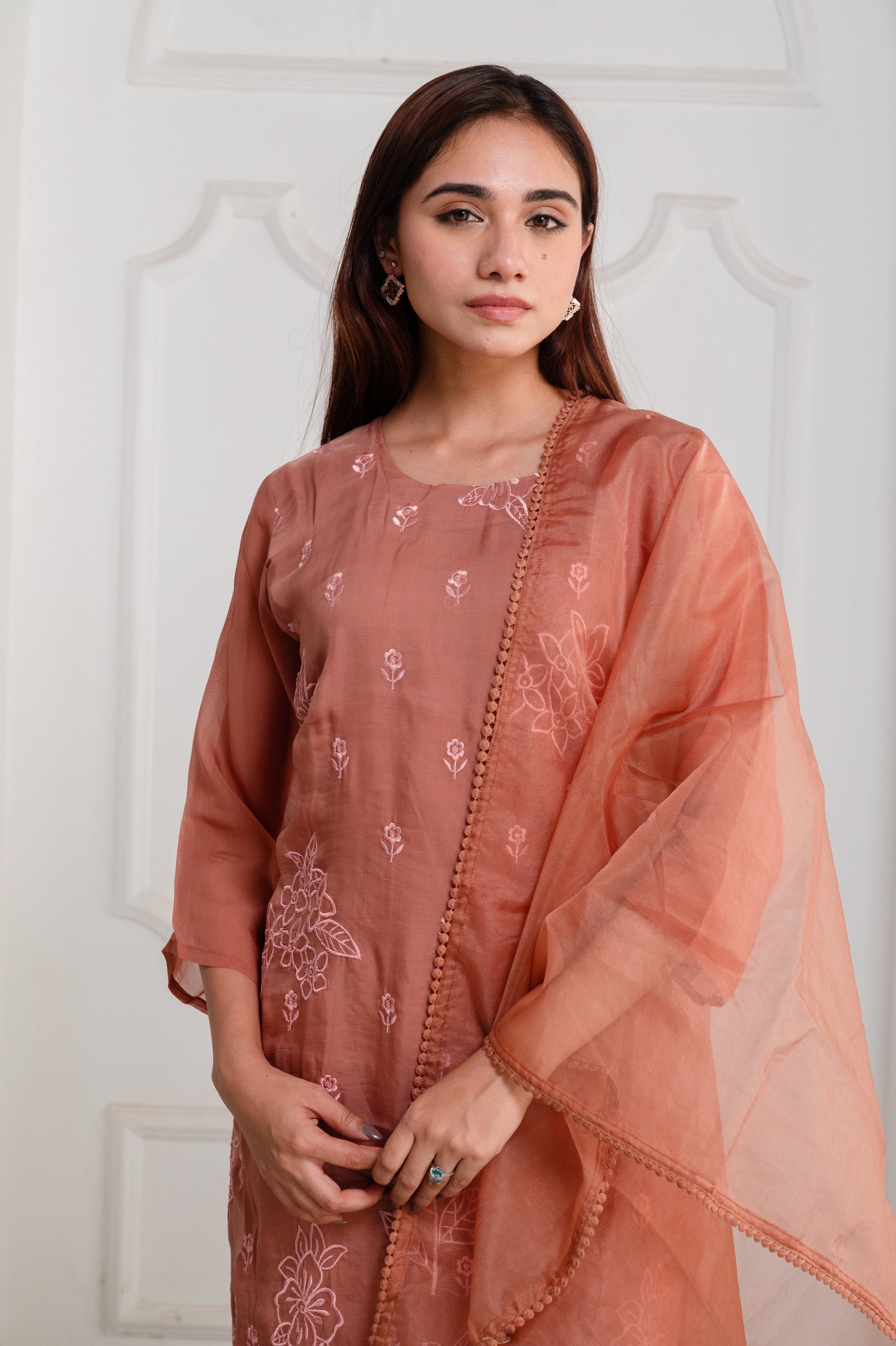 Rustic Brown Organza Embroidered Suit Set