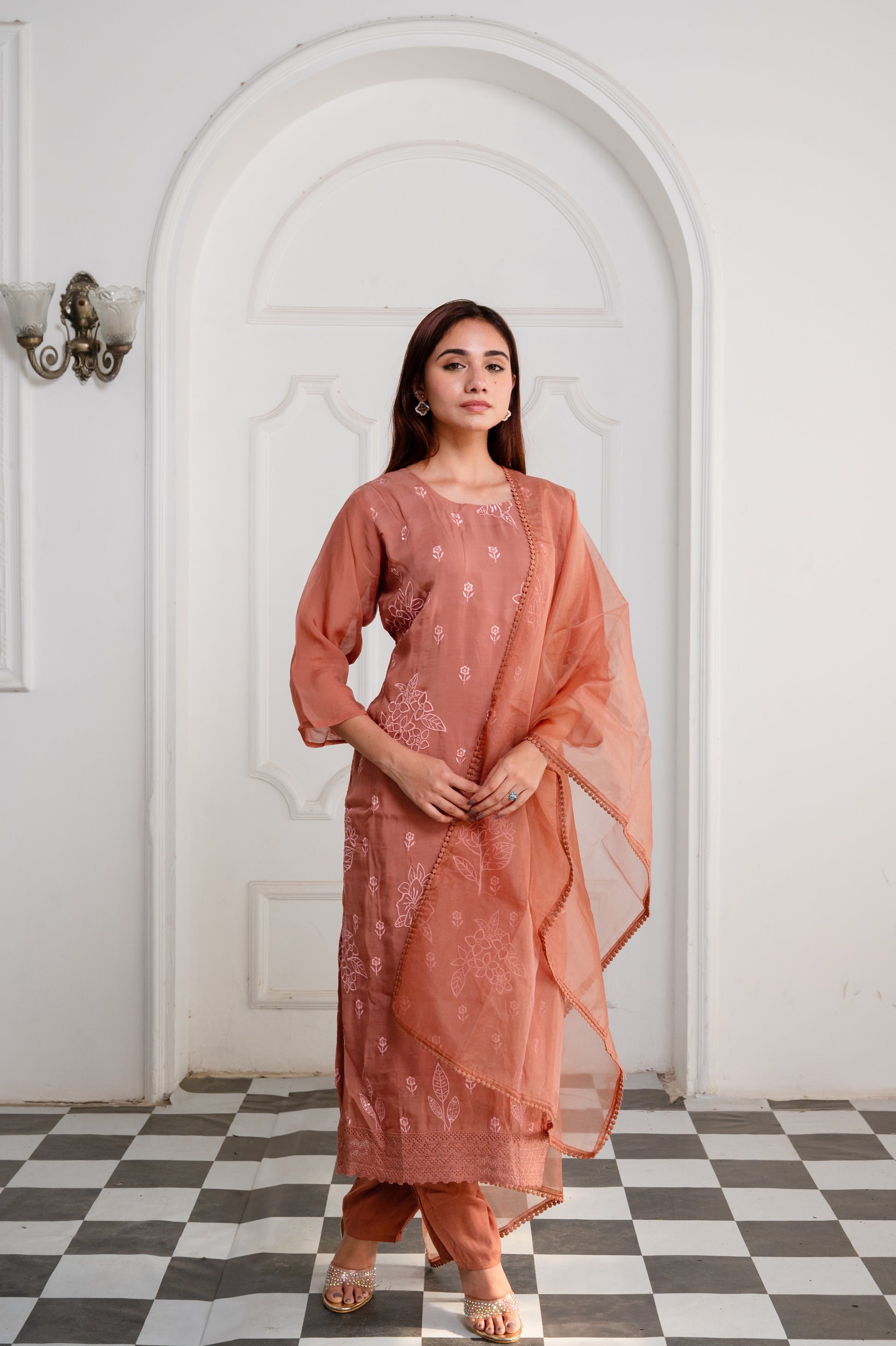 Rustic Brown Organza Embroidered Suit Set