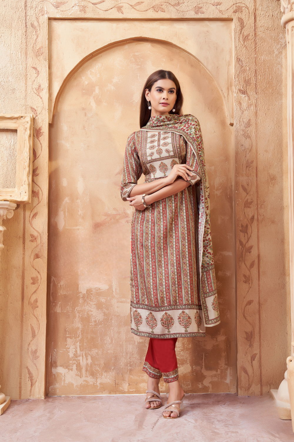 Maroon And Light Brown Seiko Blockprint Suit Set